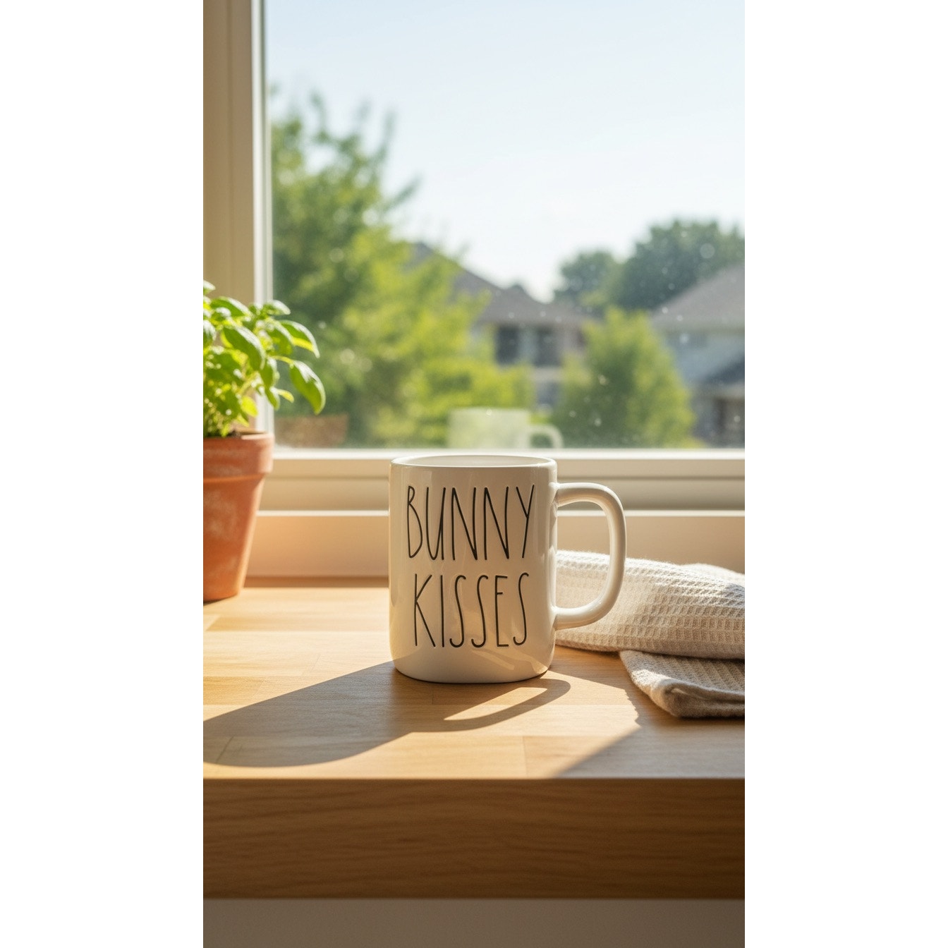 Rae Dunn BUNNY KISSES Mug White w/ Light Blue Interior