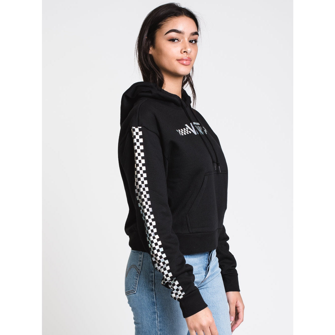 Vans Women's XS Black Shine It Cropped Checkerboard Sleeve Pullover Hoodie