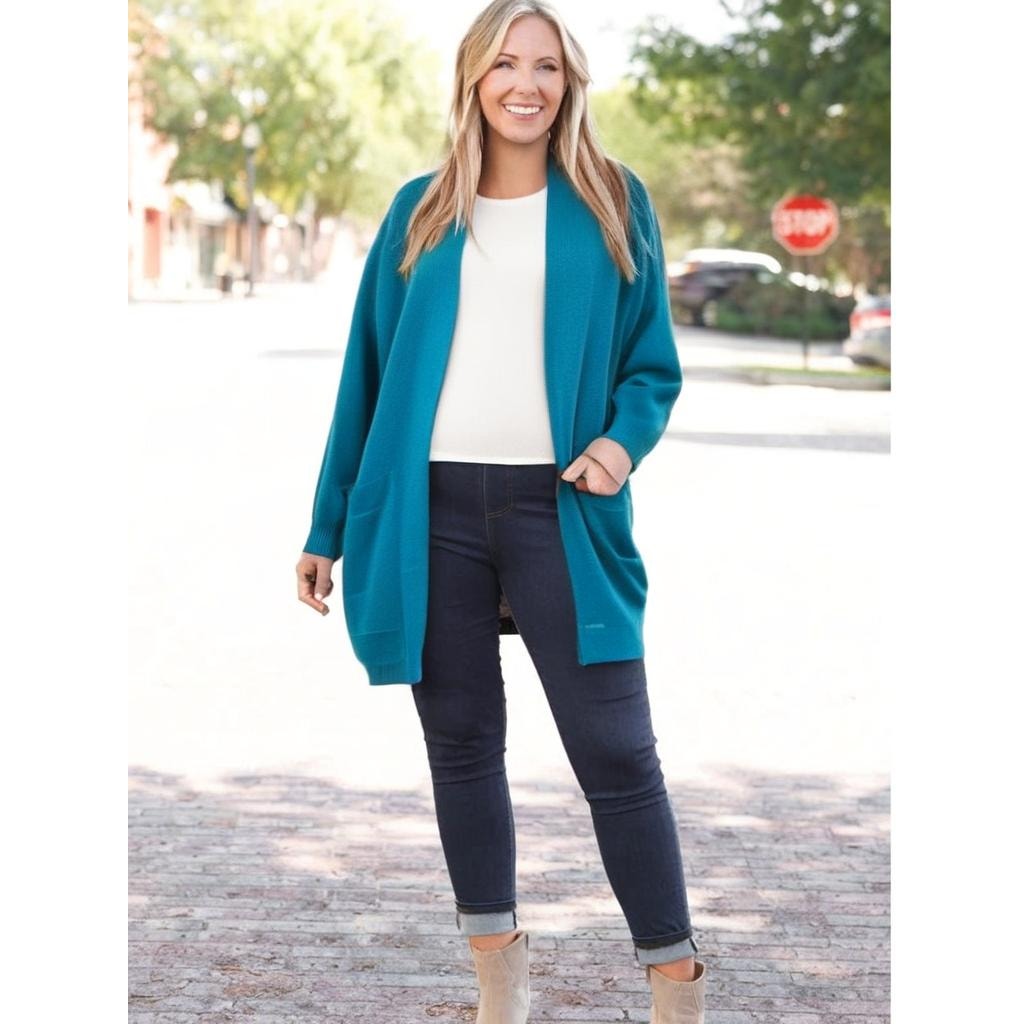 Vintage That's Me! Women's Small Silk Teal Open Front Long Knit Cardigan Sweater