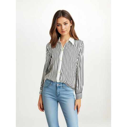 Lauren Ralph Lauren Womens Large Black/White Long Sleeve Striped Button-Up Shirt