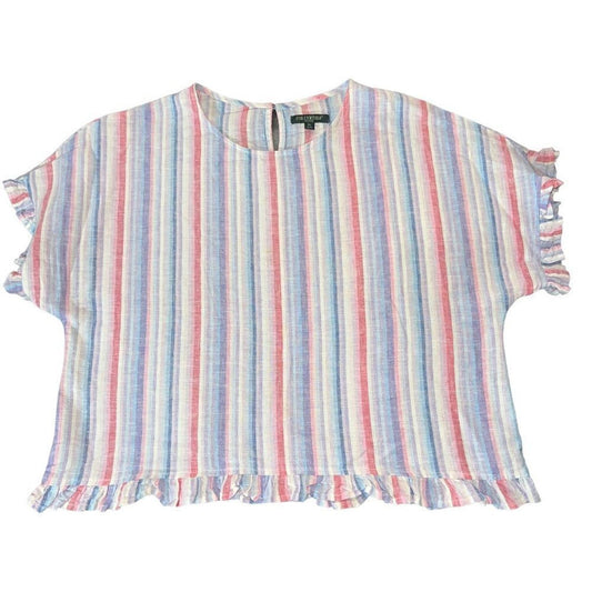 For Cynthia Petite Womens PL Large Linen Top Cropped Striped Ruffle Multi-Color