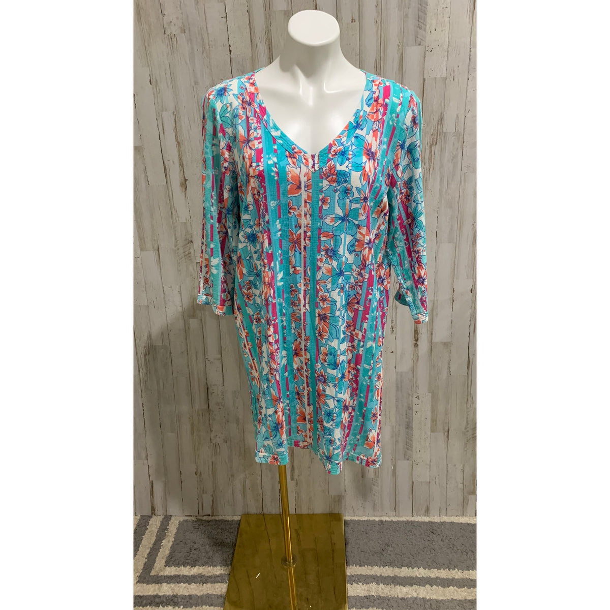 Lands' End Dress Womens Large Floral Cover Up V-Neck 3/4 Sleeve