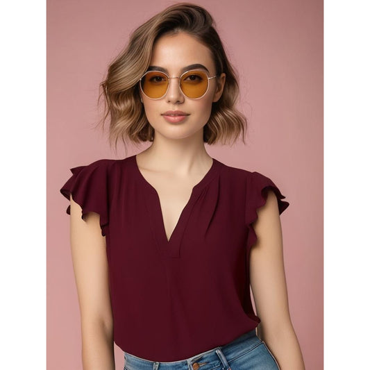 Calvin Klein Women's Size Medium Burgundy Flutter Sleeve V-Neck Blouse