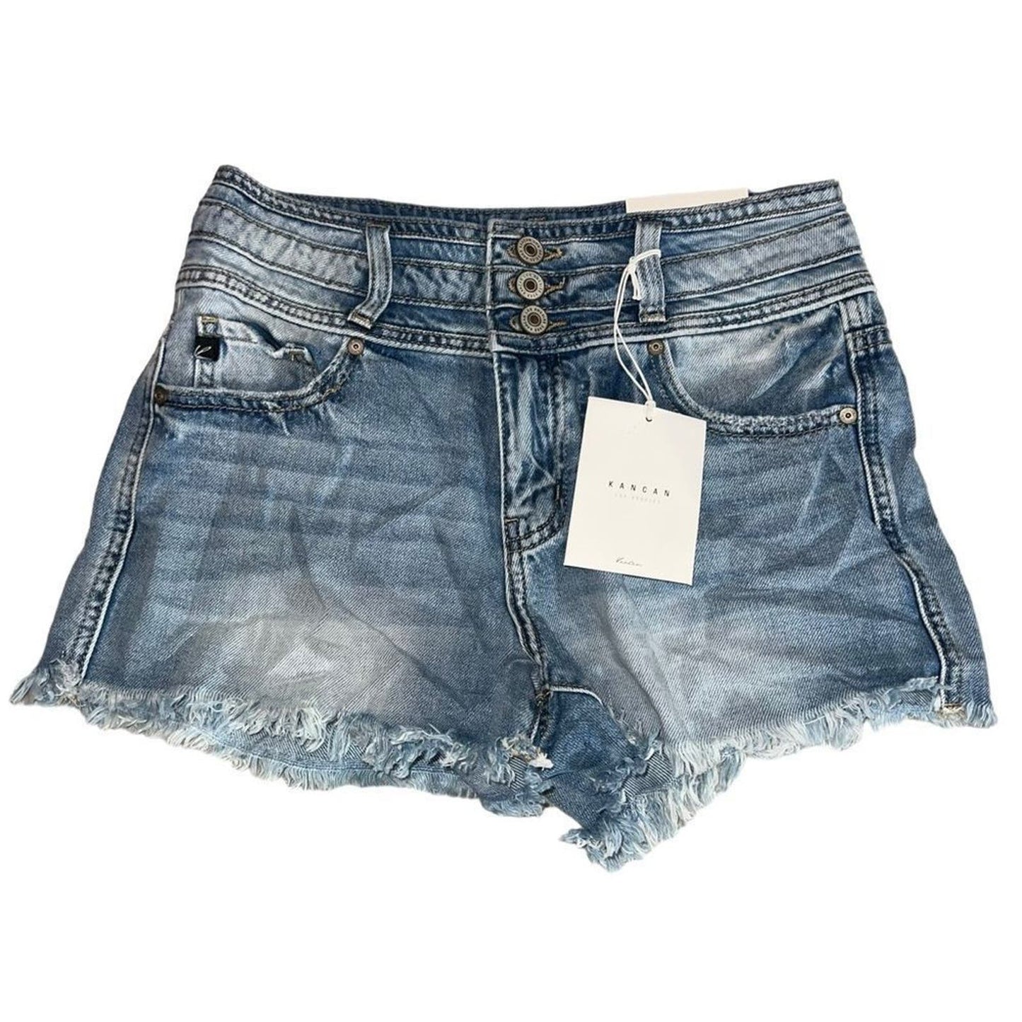 NWT Kancan High Rise Leg Fray Denim Shorts Blue Size Small