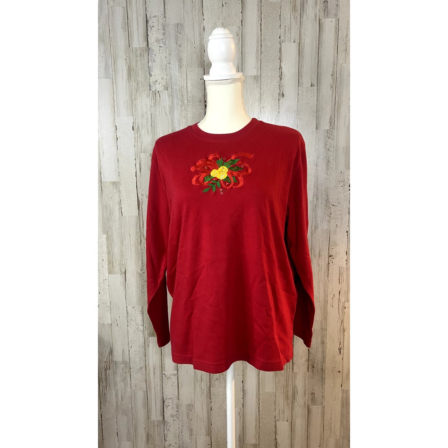 Vintage Studio Joy Womens XL Red Floral Embroidered Long Sleeve Pullover T-Shirt