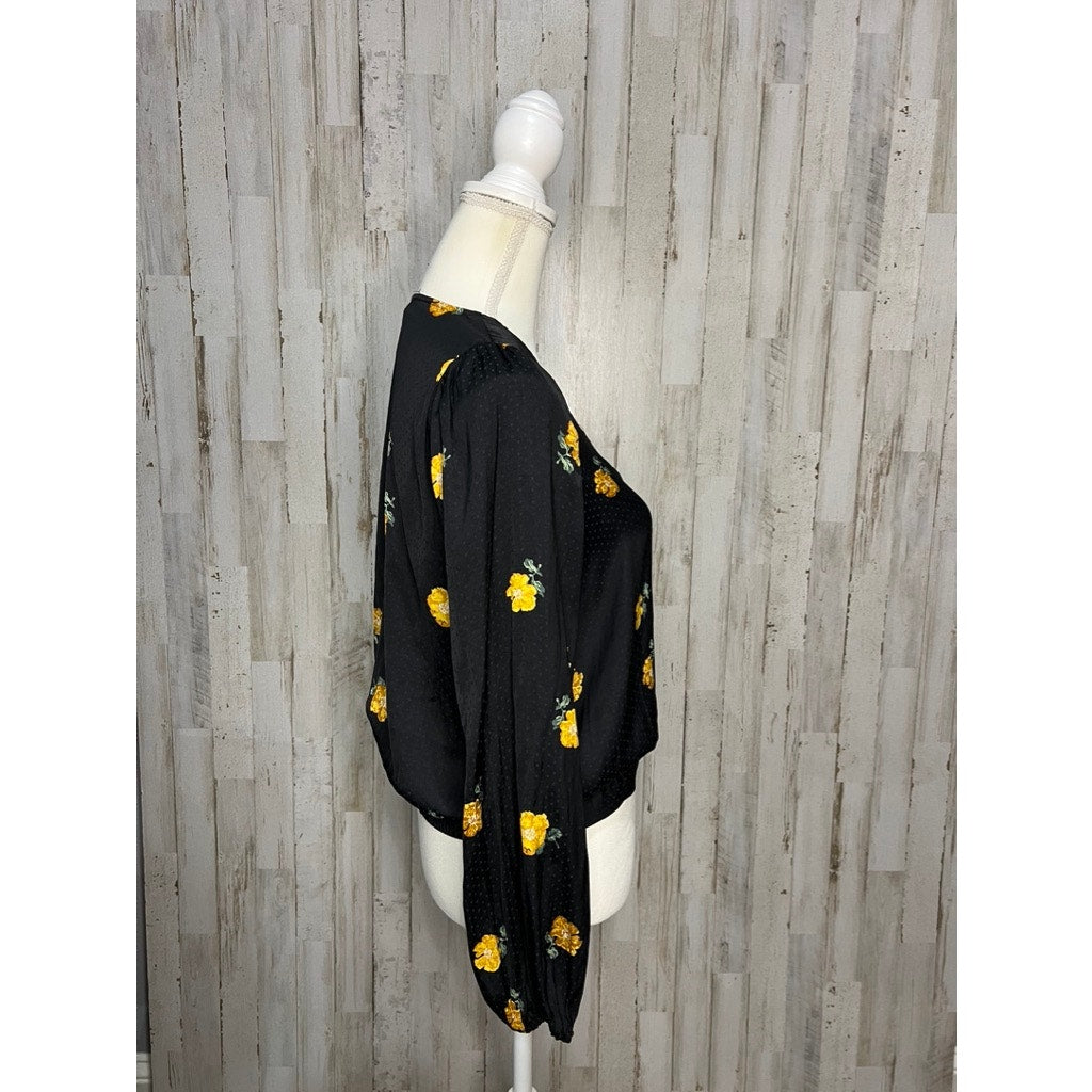 Madewell Women's Small Black Floral Wrap V-Neck Balloon Sleeve Blouse