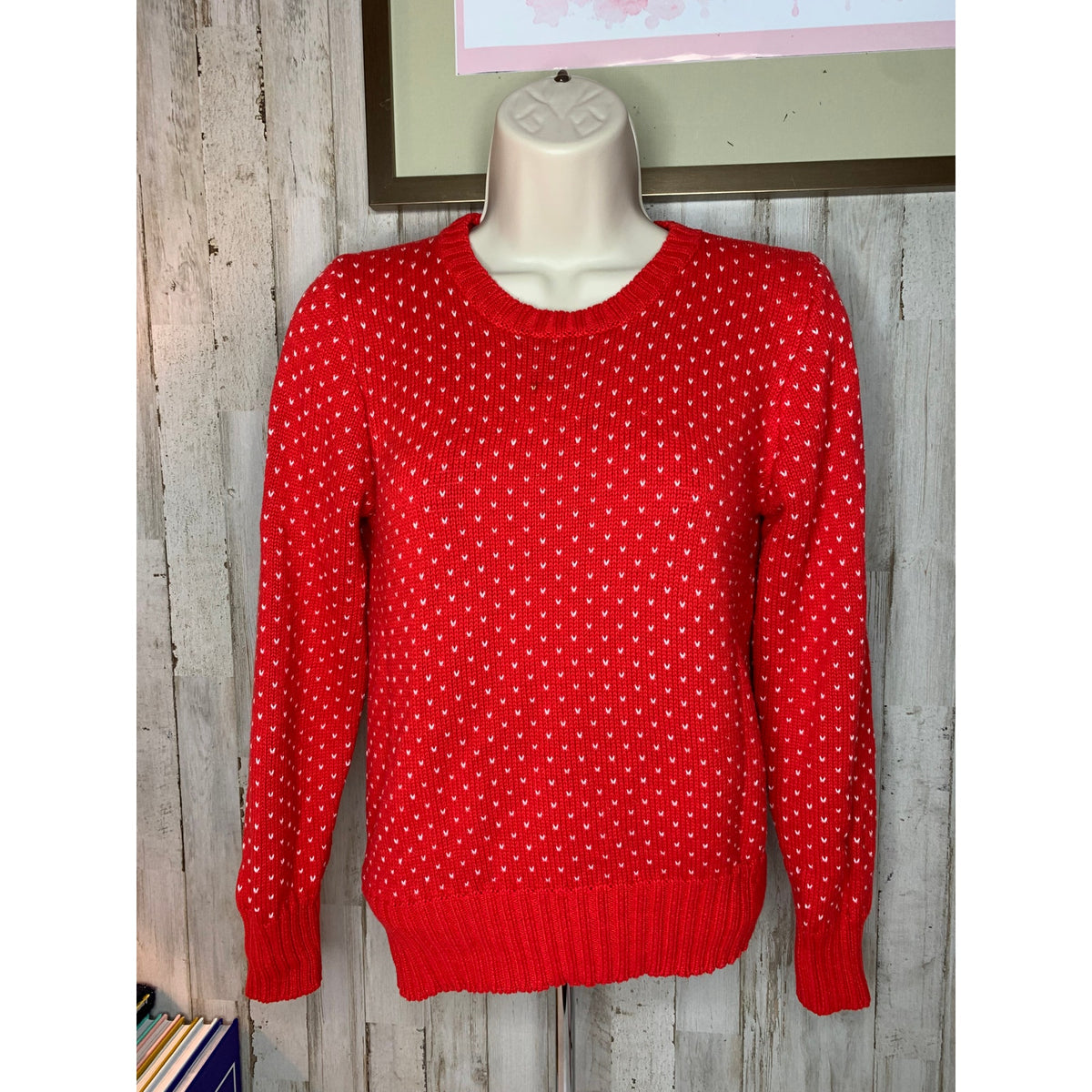 Lord & Taylor Sweater Womens Small Red Knit Pullover Crew Neck Heart Pattern
