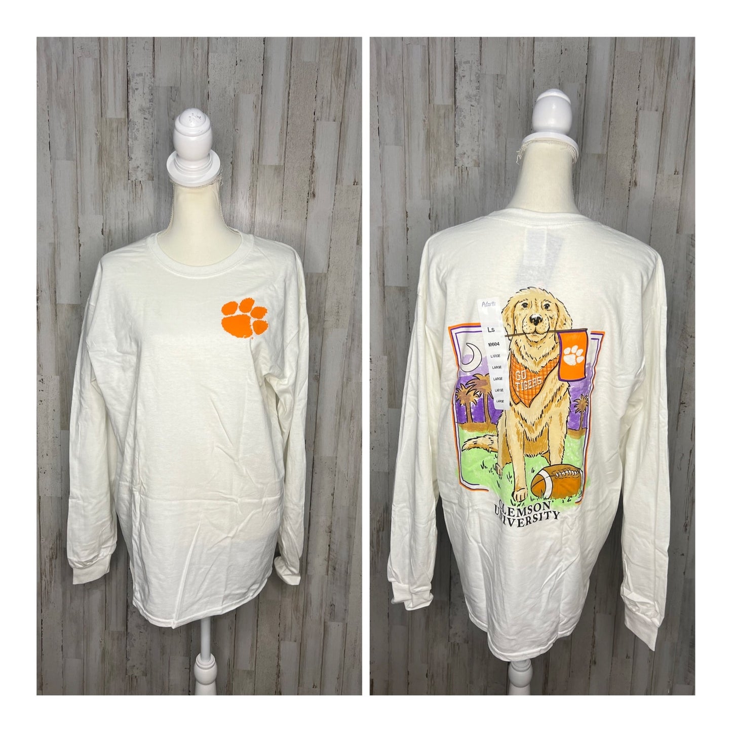 NWT Clemson Tigers Yellow Lab Long Sleeve White Unisex T-Shirt Size XL