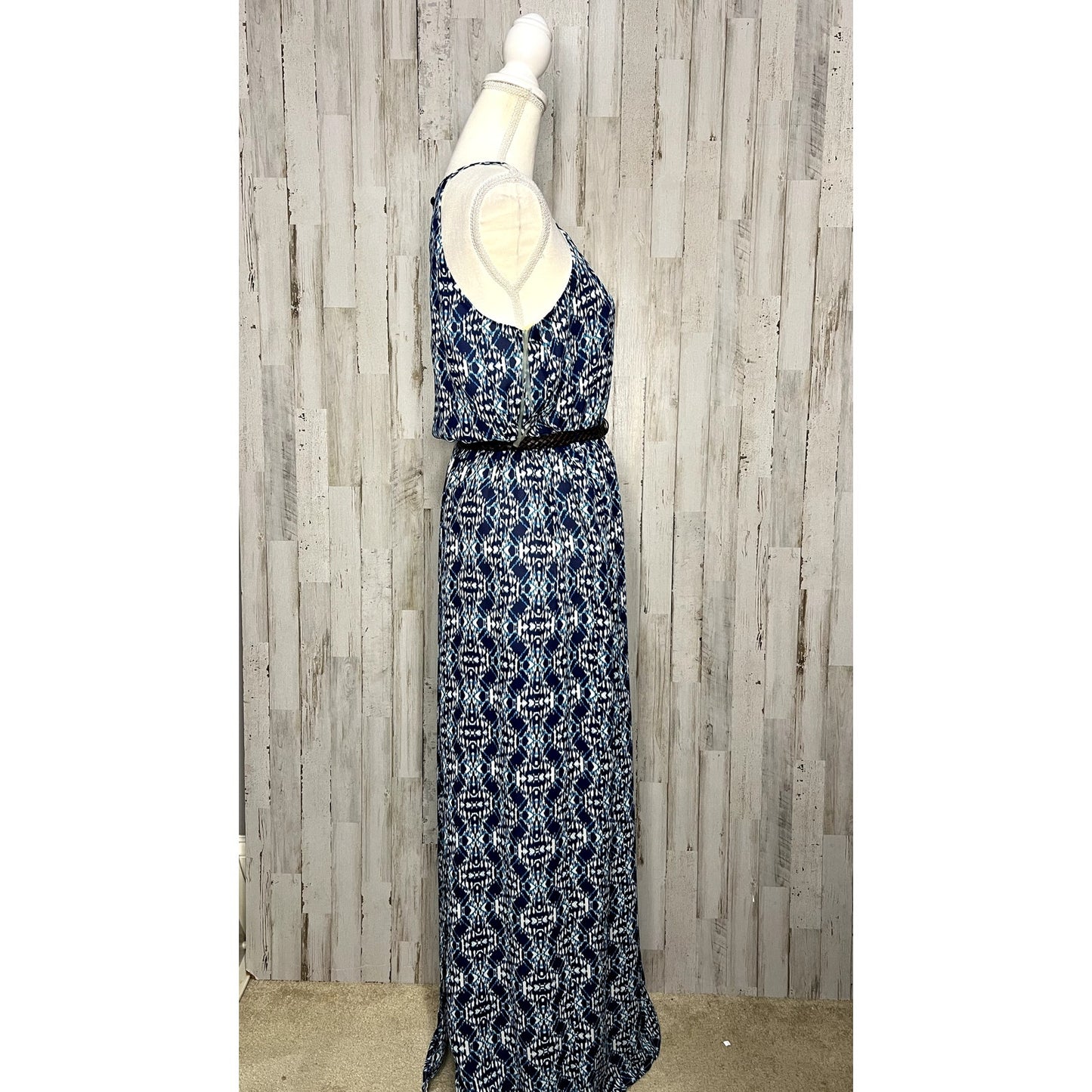 Lily Rose Women's Medium Blue Polynesian Belted Maxi Dress Sleeveless