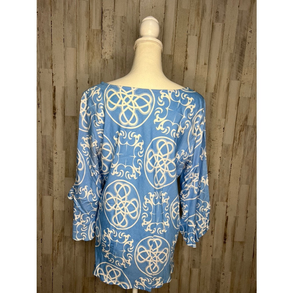 Escapada Women's Large Blue Geometric Print 3/4 Sleeve Tunic Blouse