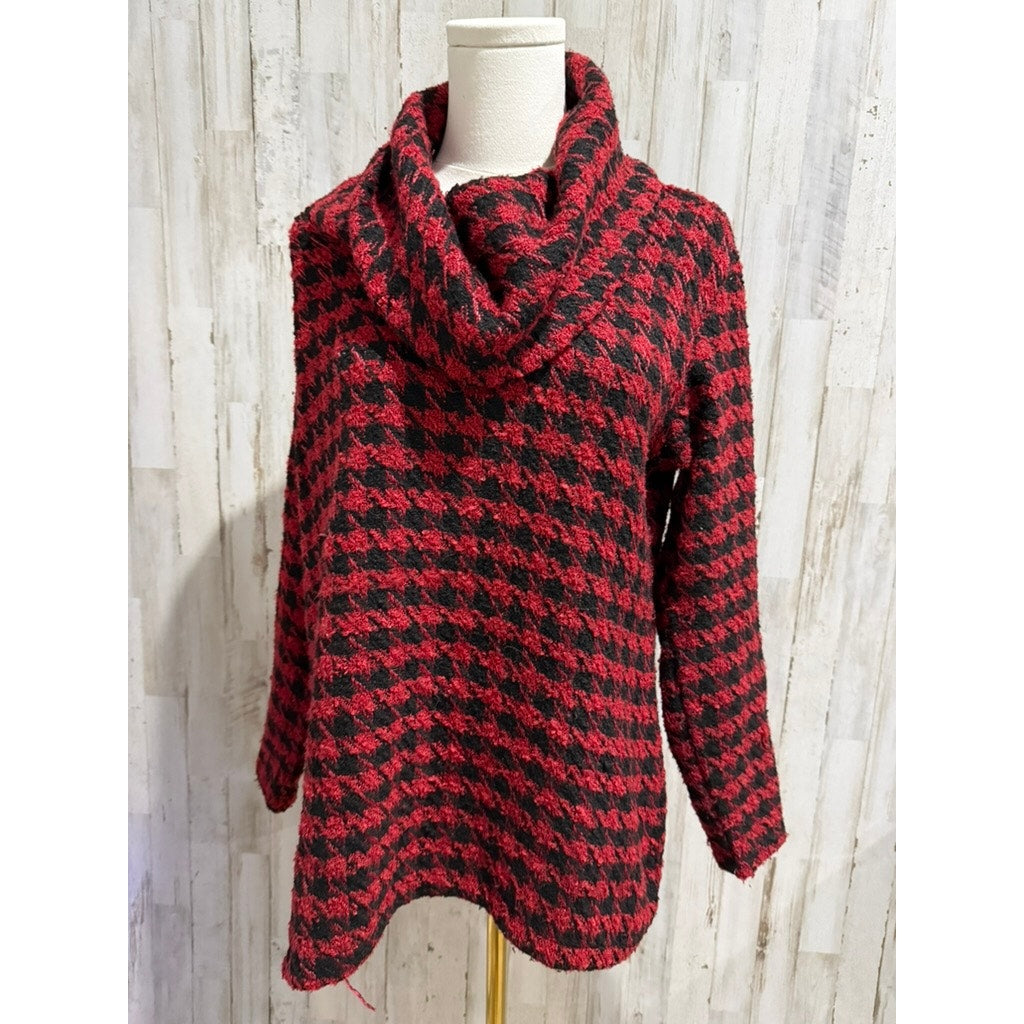 Lulu-B Women's Cowl Neck Houndstooth Pullover Sweater Red Size Small