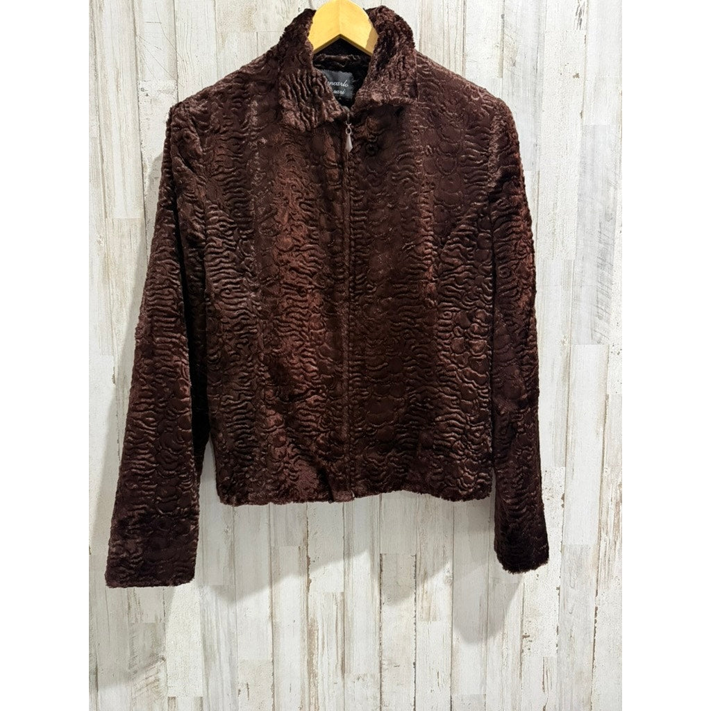 Giancarlo Ferrari Jacket Womens 12 Brown Textured Faux Fur Full Zip Lined
