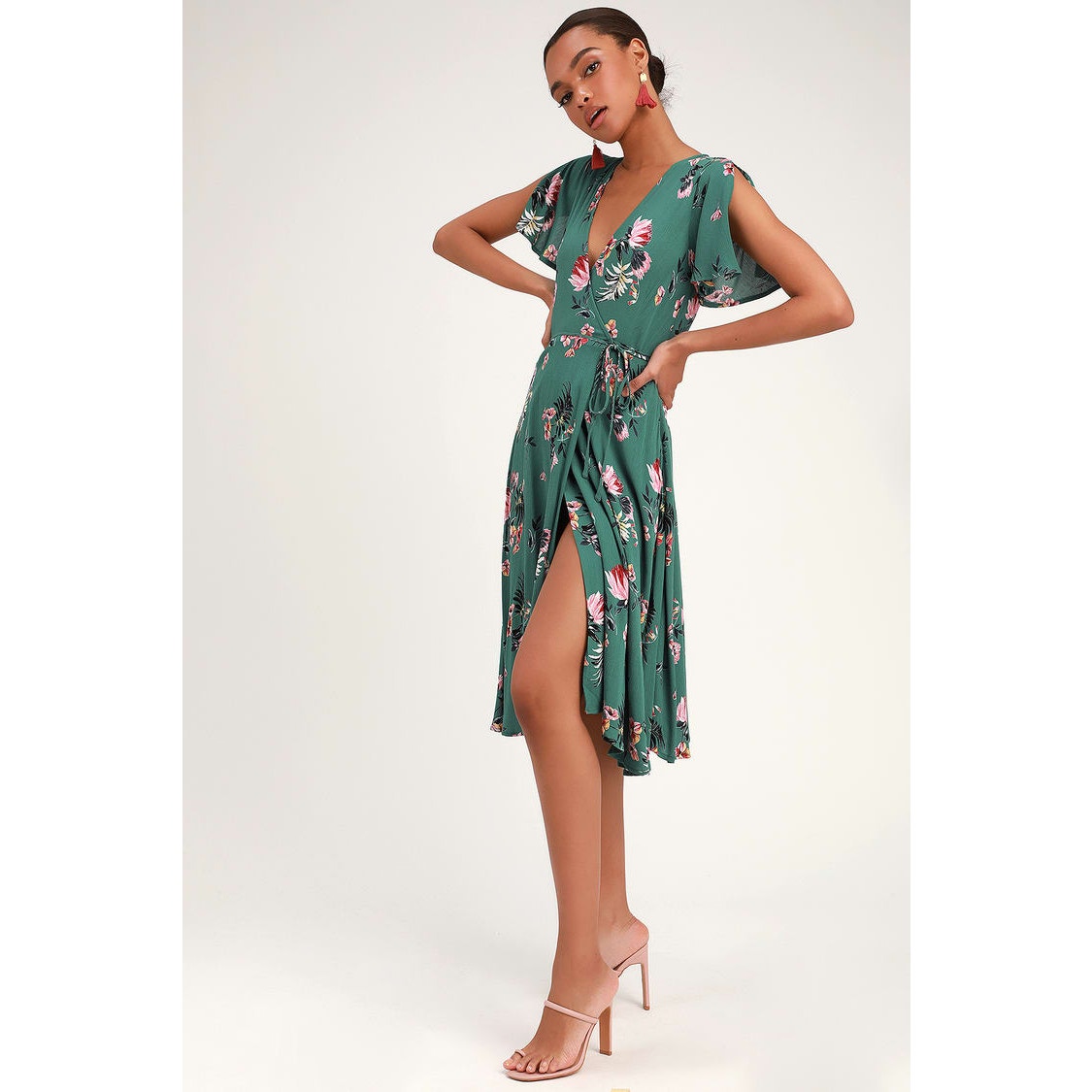 Lulus Women's Small Jet Set For Sun Teal Green Tropical Print Wrap Midi Dress