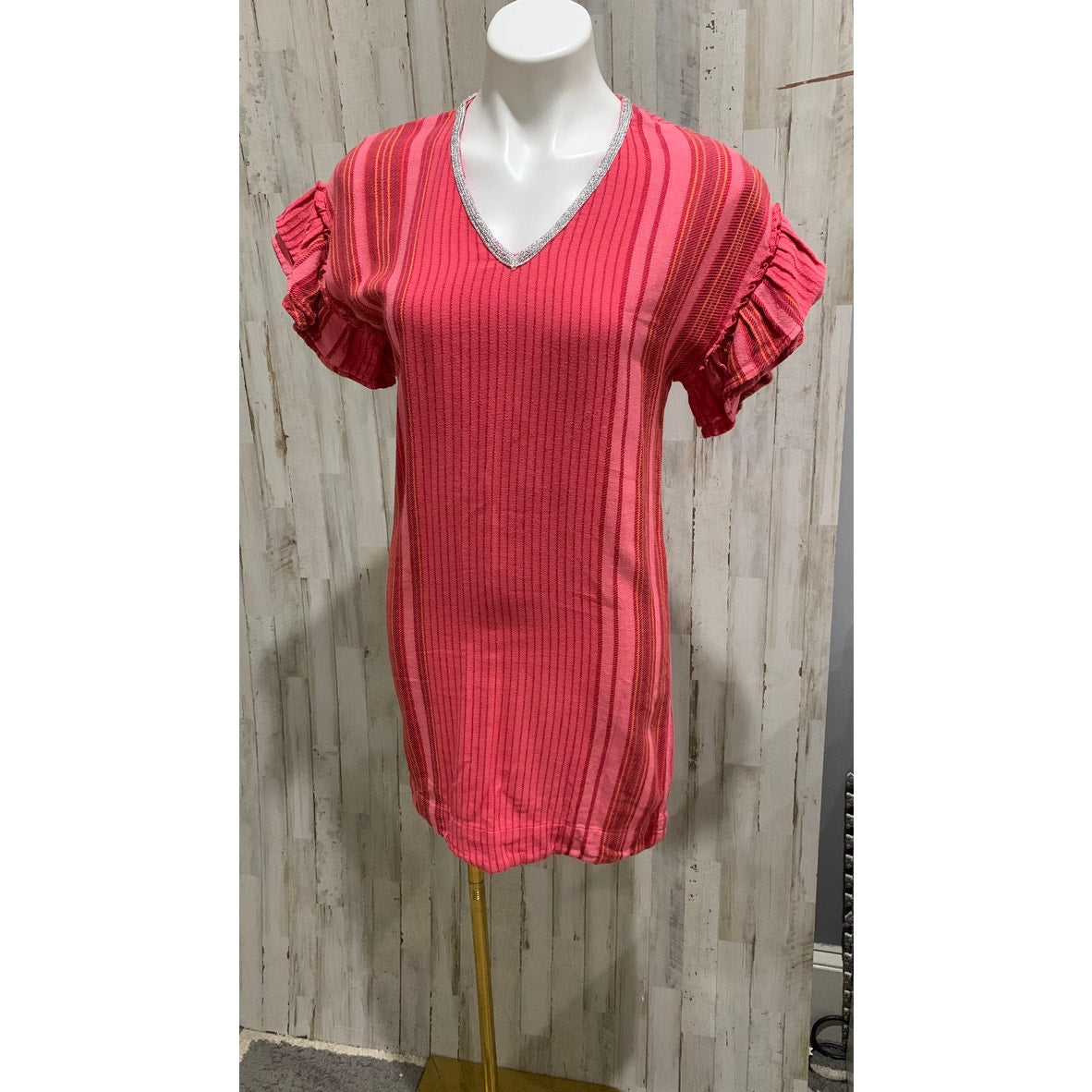 THML Dress Womens XS Pink Striped Shift Short Ruffle Sleeve