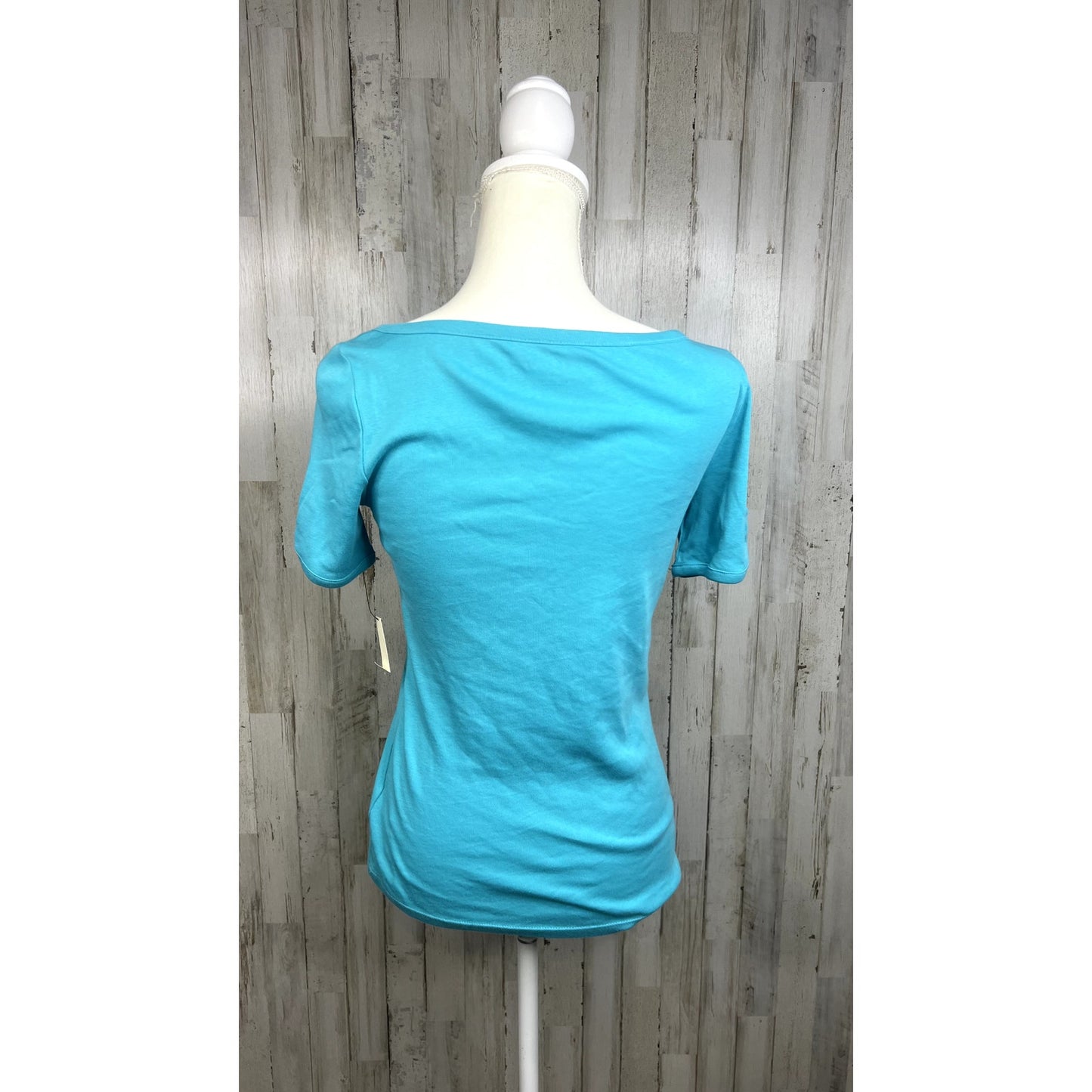 NWT Talbots Women's XS Teal Short Sleeve Cotton Top Boat Neck Button Detail