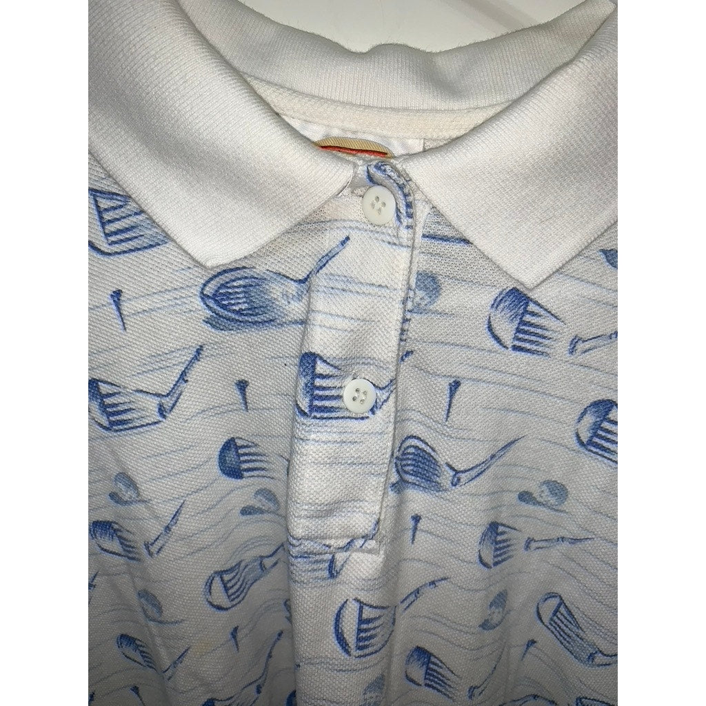 Talbots Women's Polo Shirt Golf Print White Short Sleeve Size Large Casual