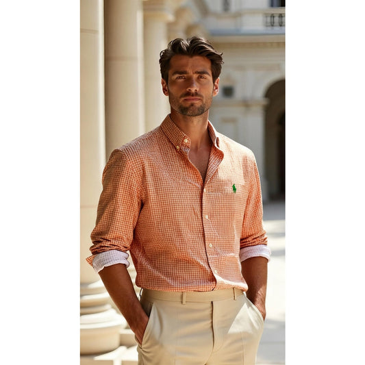 Ralph Lauren Shirt Mens XL Orange White Gingham Check Button Down Long