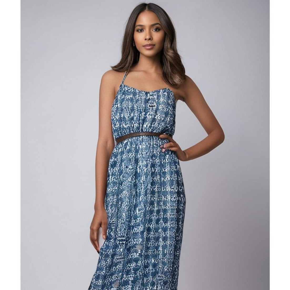 Lily Rose Women's Medium Blue Polynesian Belted Maxi Dress Sleeveless