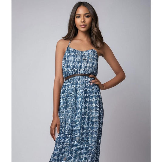 Lily Rose Women's Medium Blue Polynesian Belted Maxi Dress Sleeveless