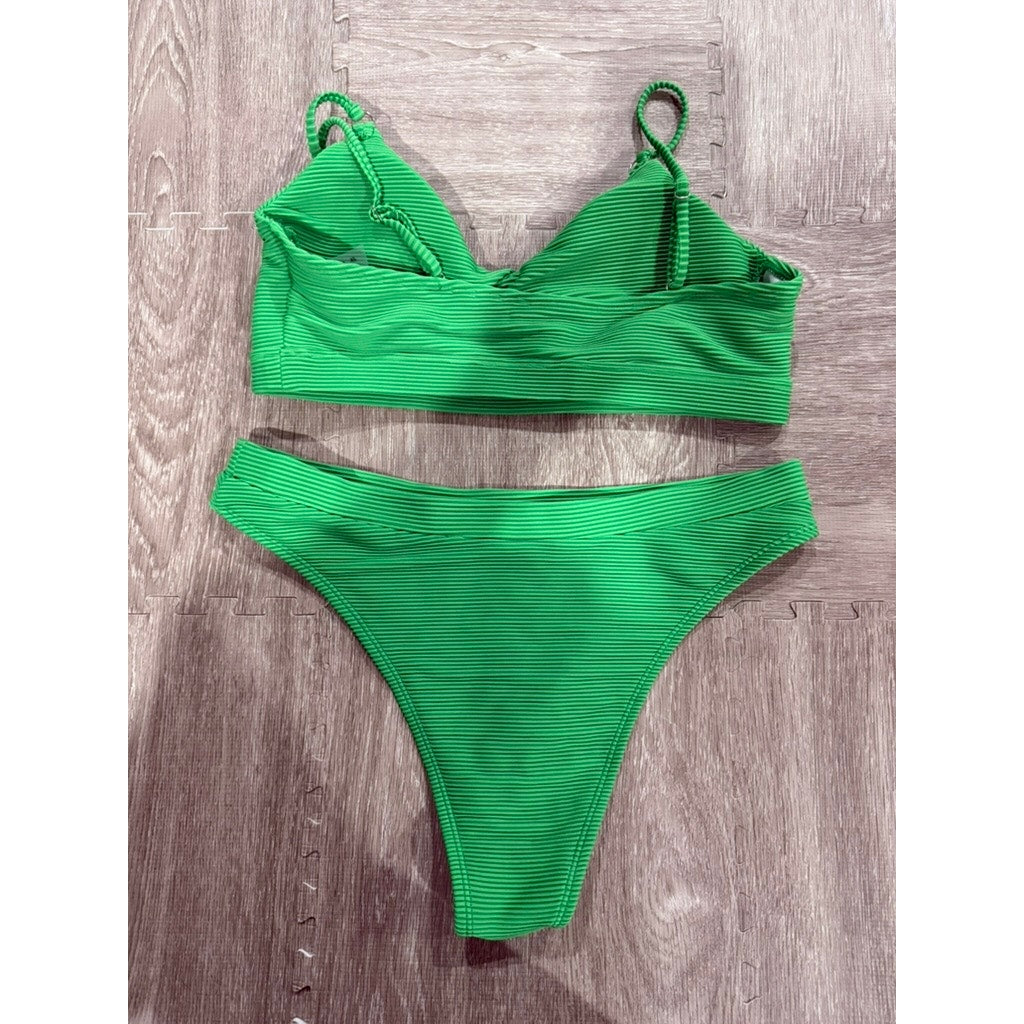 Womens Green Ribbed 2-Piece Bikini Set Size XL Triangle Top High-Leg