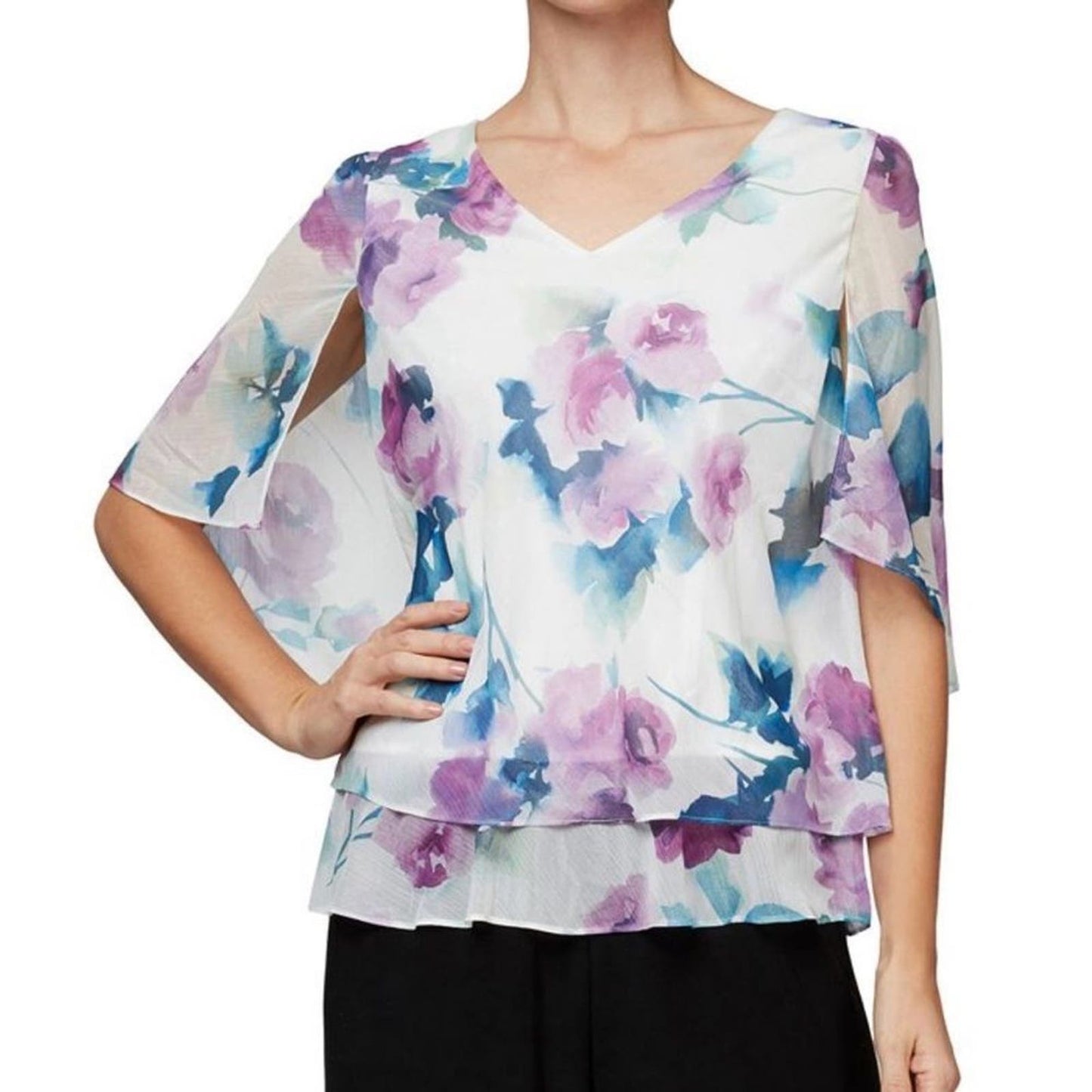 Alex Evenings Floral Print Caplet Sleeve Chiffon Blouse 2X