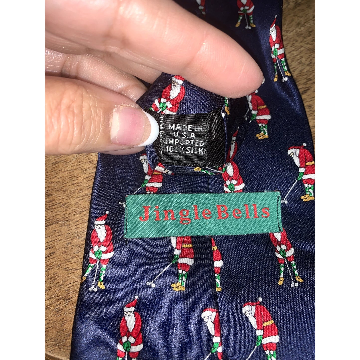Jingle Bells Silk Christmas Necktie Golfing Santa Design Blue Men's Tie