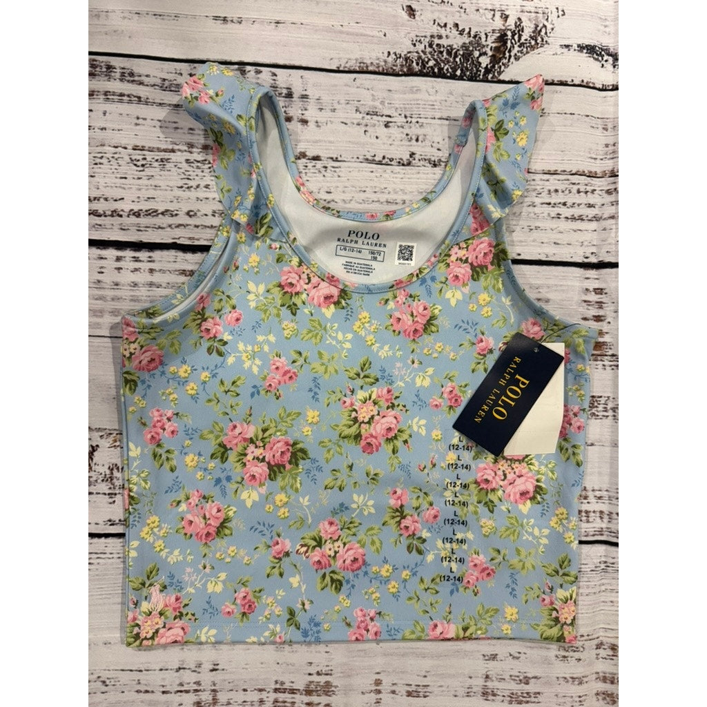 NWT Polo Ralph Lauren Girls' Floral Ruffle Tank Top Blue Size Large 12-14 Casual