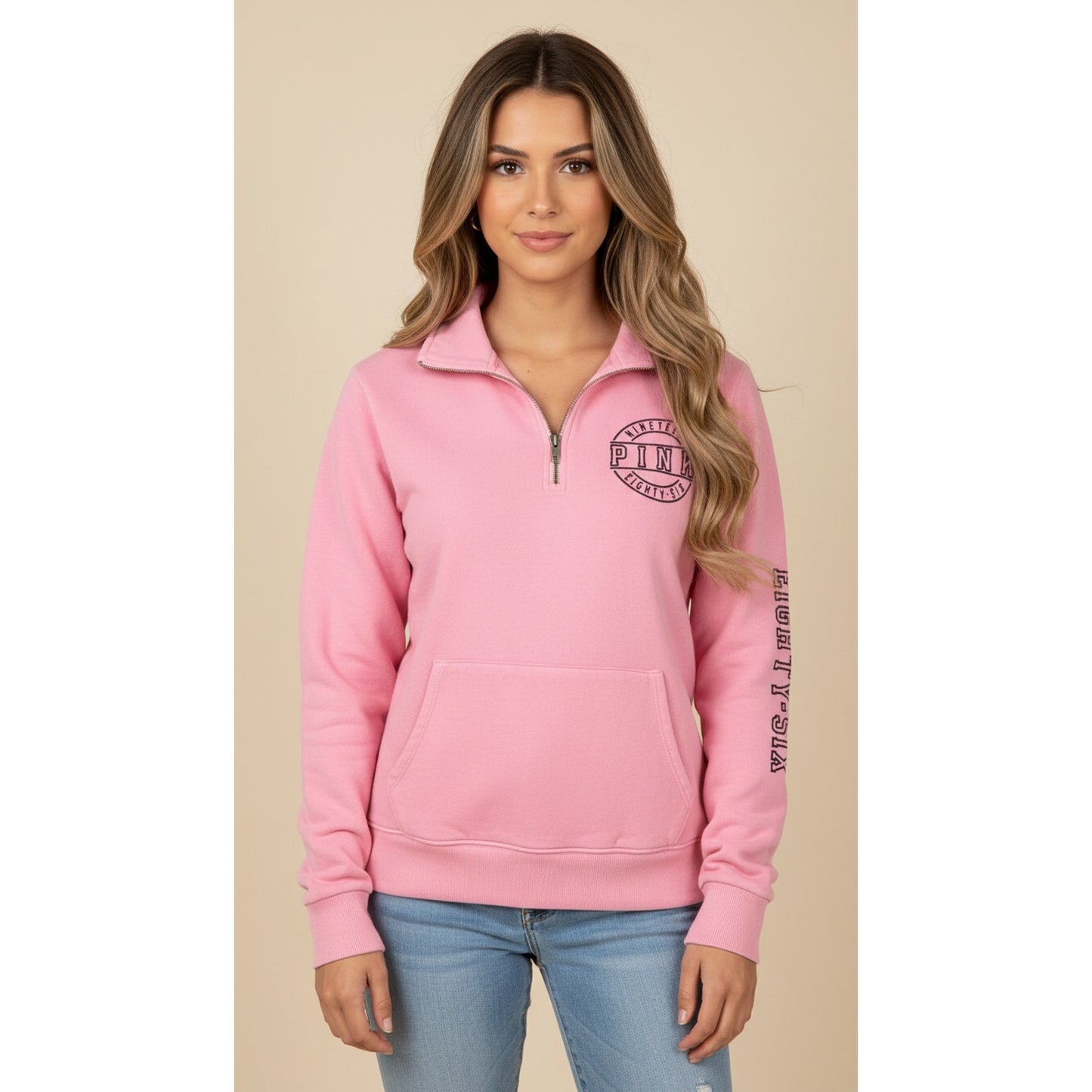 PINK Victoria's Secret Pullover Sweatshirt Womens Size Small Pink 1/4 Zip Logo