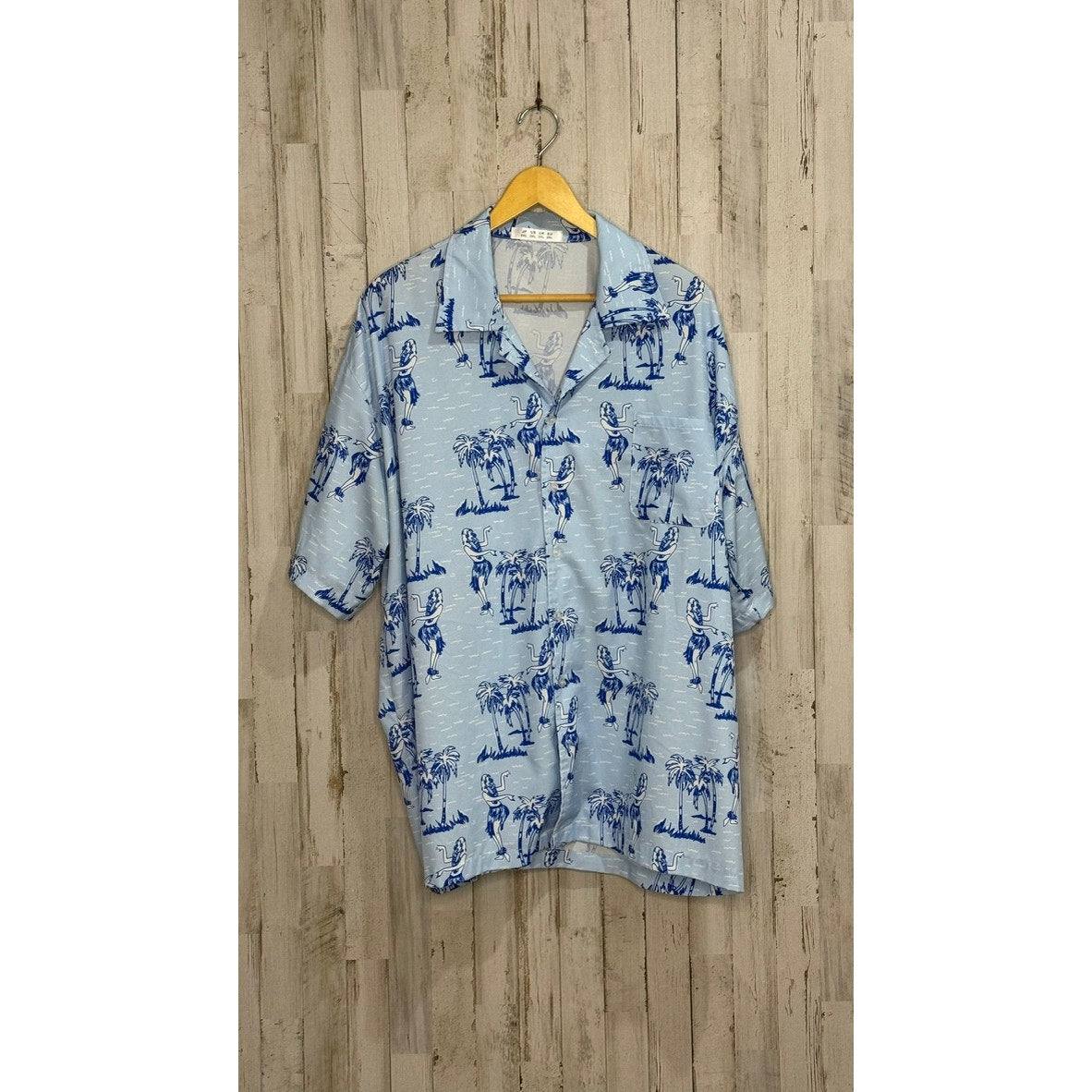 Men's 3XL Hawaiian Shirt Light Blue Tropical Print Hula Dancers Palm Trees