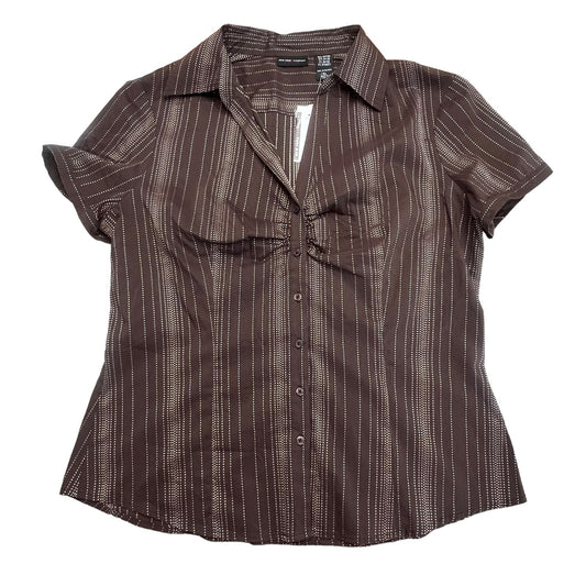 NWT New York & Company Women's XL Brown Pinstriped Button-Up Short Sleeve Shirt