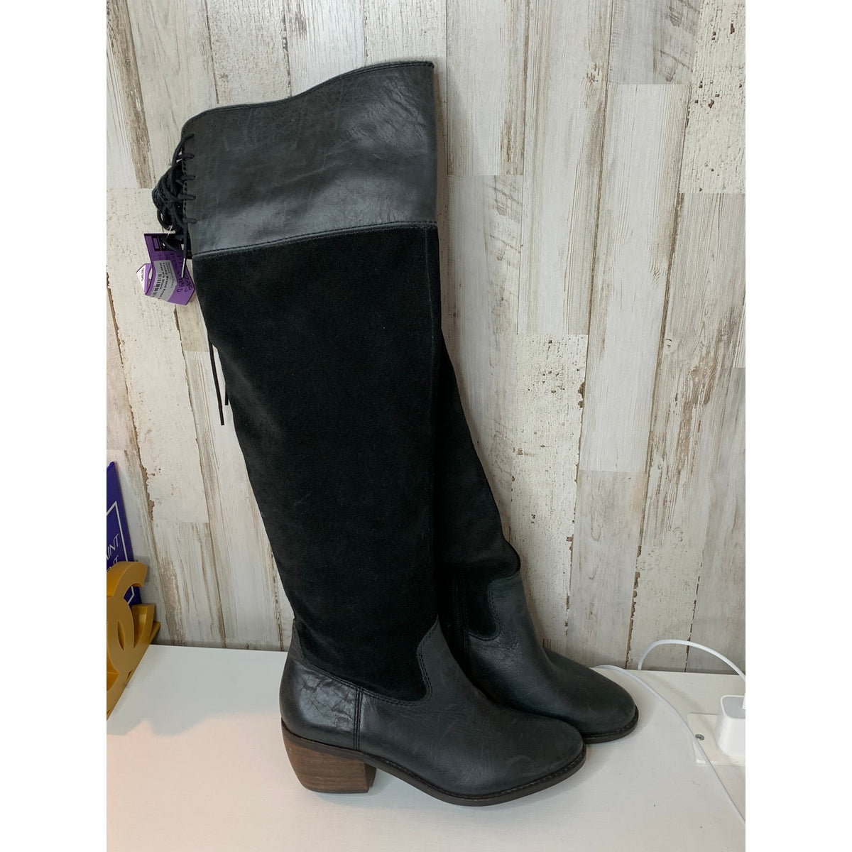 Lucky Brand Riding Boots Womens Size 6 Black Knee High Side Zip Block Heel