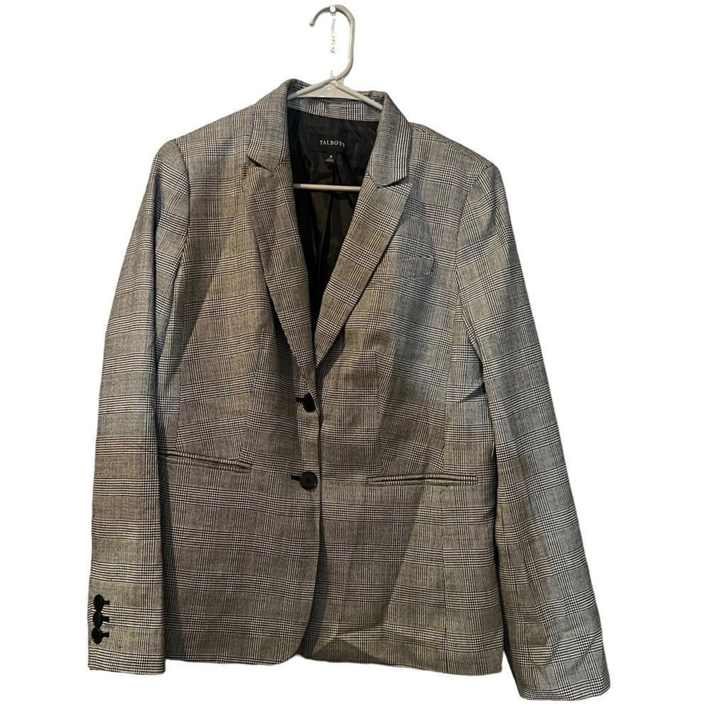 Talbots Blazer Jacket Womens Size 10 Black & Grey Glen Plaid 2-Button