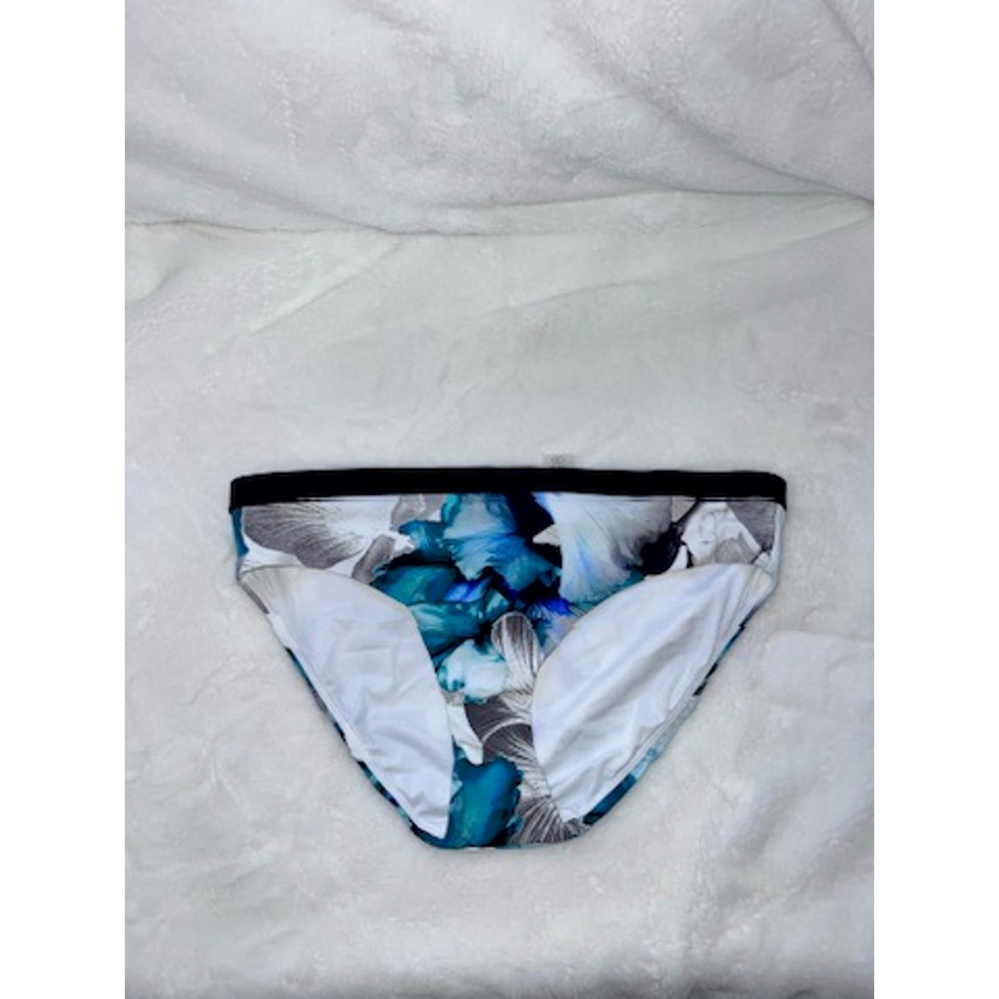 NWOT CALIA Women's High-Rise Bikini Bottom Medium Blue Floral Wide Band Swimwear