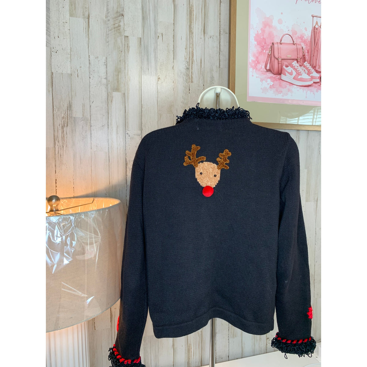Jack B. Quick Cardigan Sweater Womens Petite Small Black Reindeer Christmas