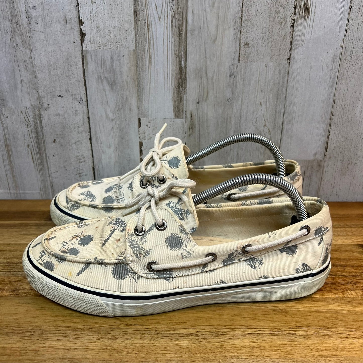 Vintage Sperry Top-Sider Women's 10M Canvas Boat Shoes White Palm Tree Print