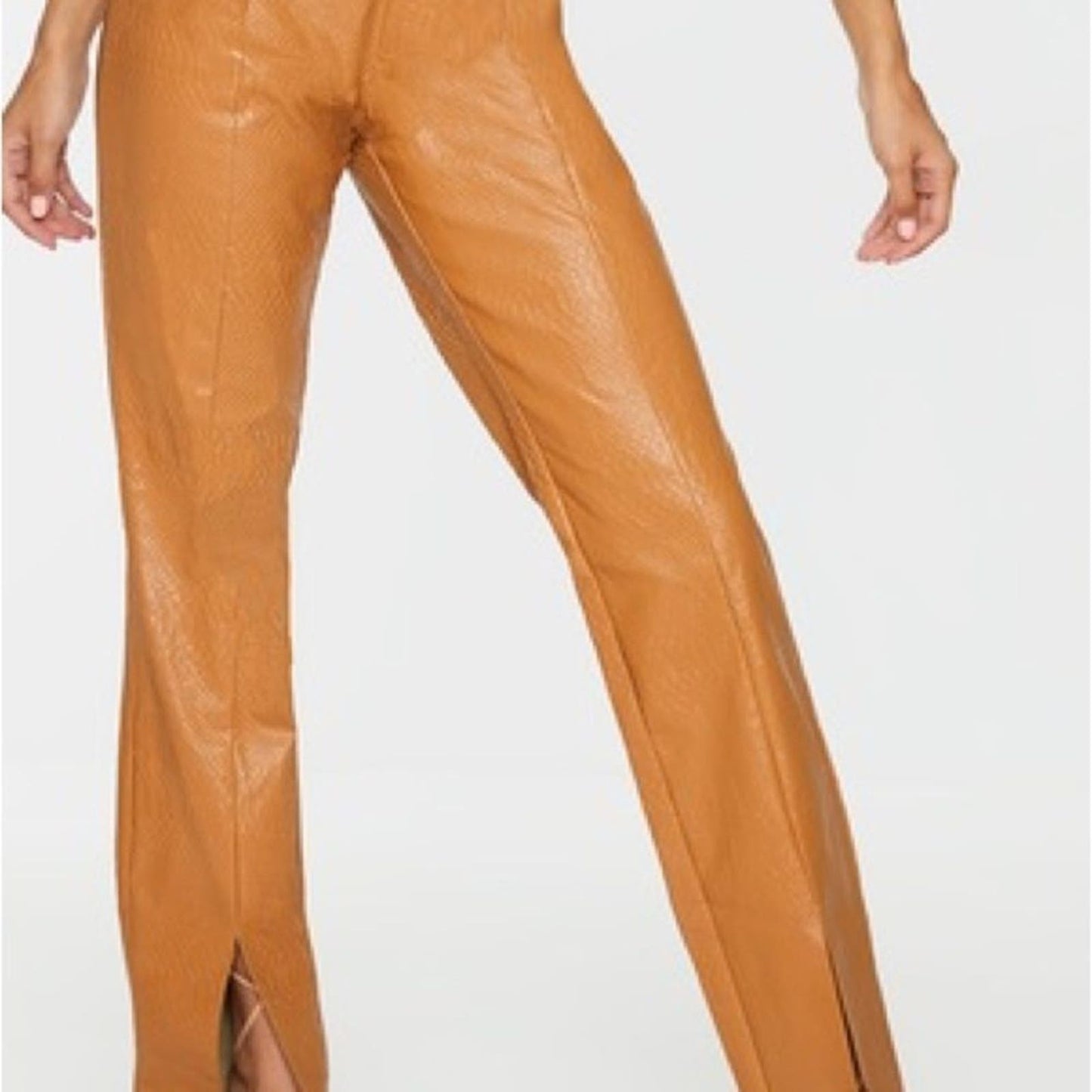 NWT Pretty Little Thing Tan Faux Leather Croc Split Hem Skinny Pants Size 14