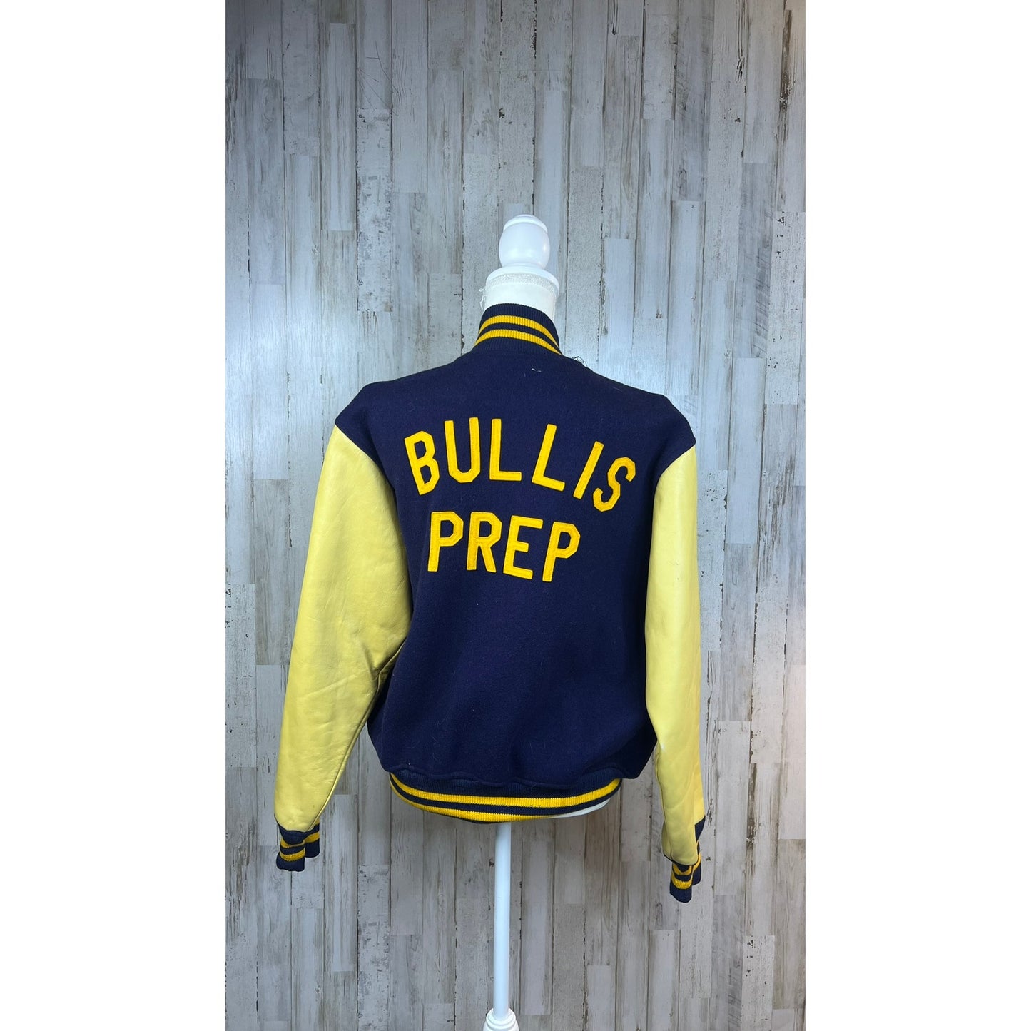 Vintage Bullis Prep Varsity Letterman Jacket Men’s 40 Blue Wool Leather Sleeves