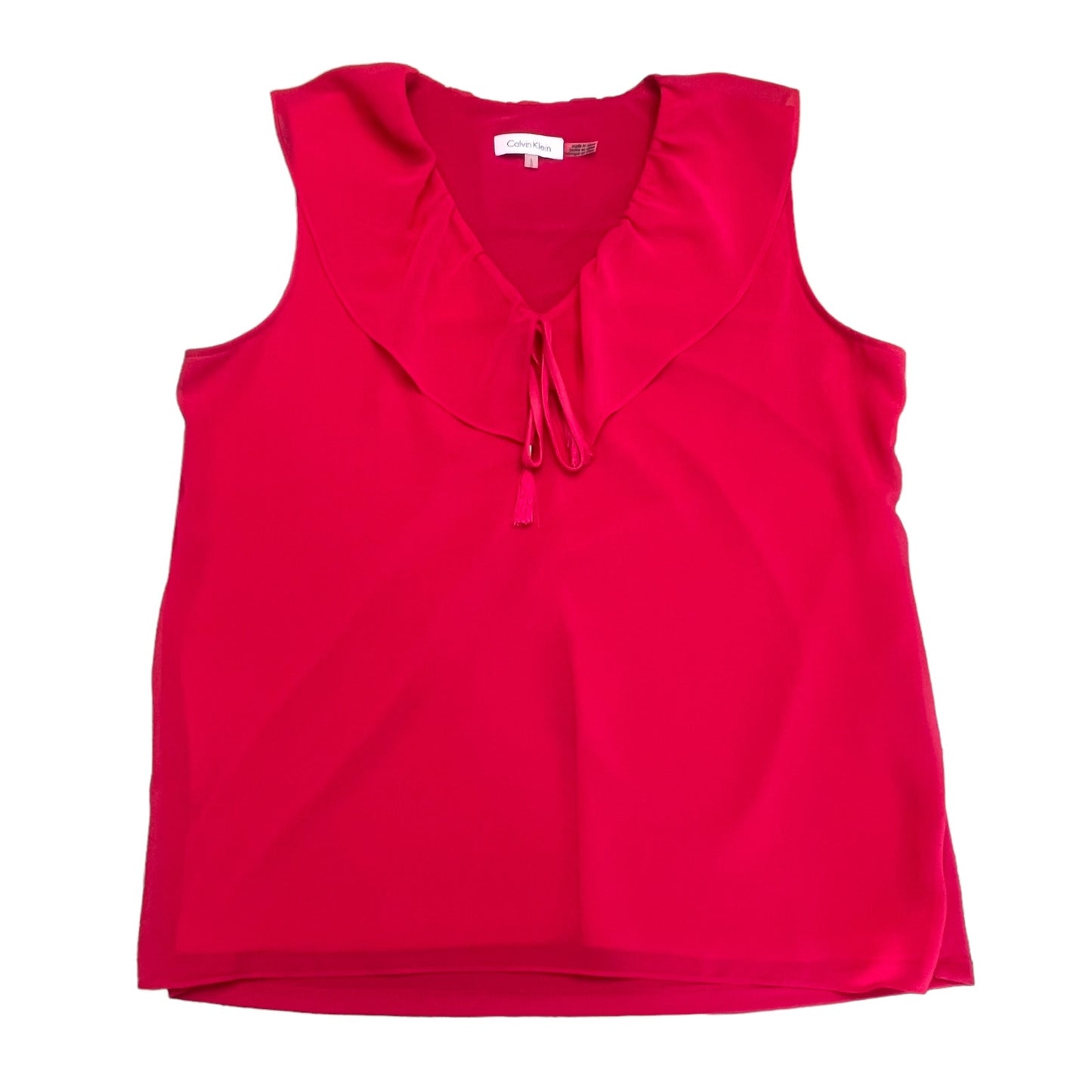 Calvin Klein Women's Large Fuchsia Pink V-Neck Tie Detail Ruffle Sleeveless Top