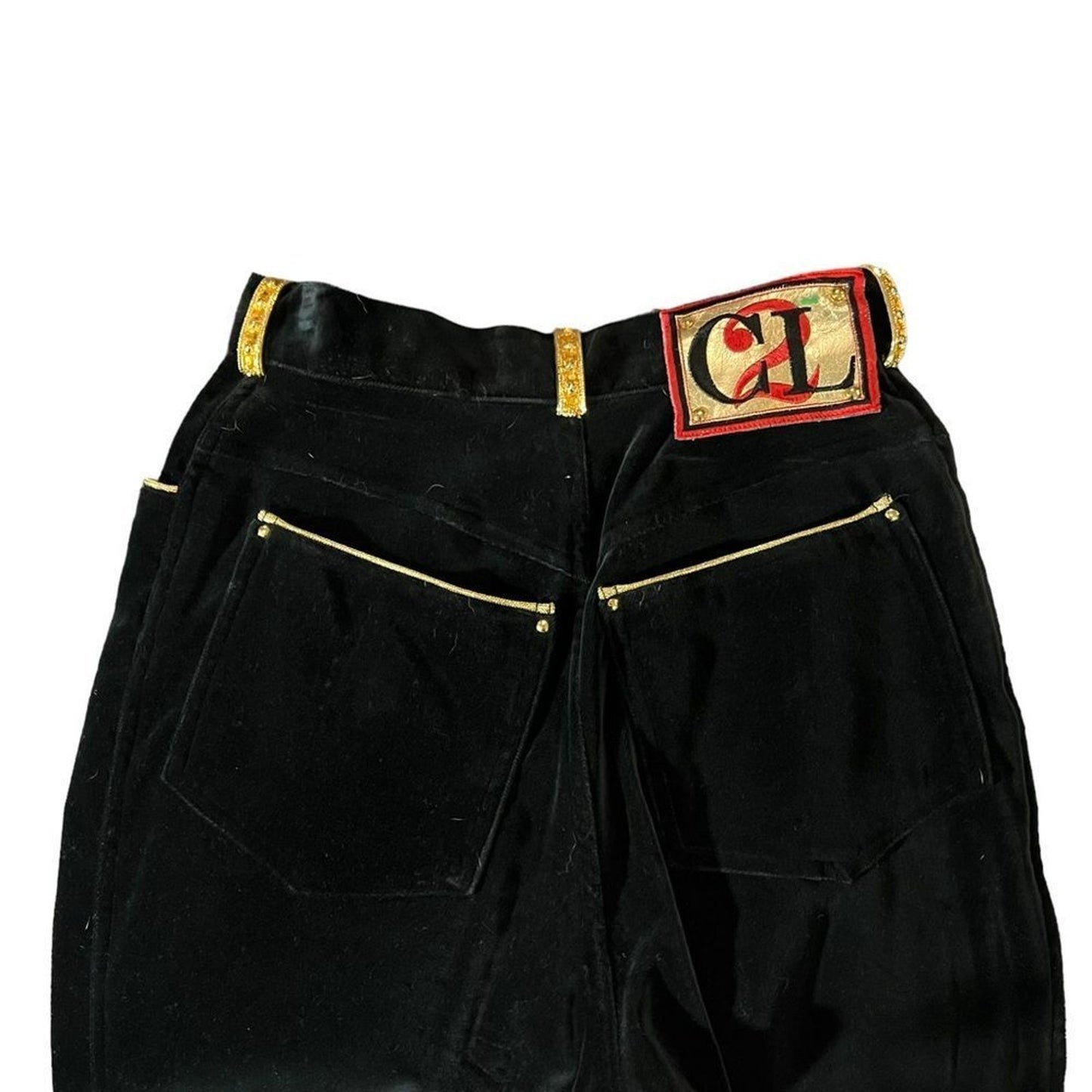 Christian Llinares Pants Womens 28 Black Velvet Slim Straight Gold Trim
