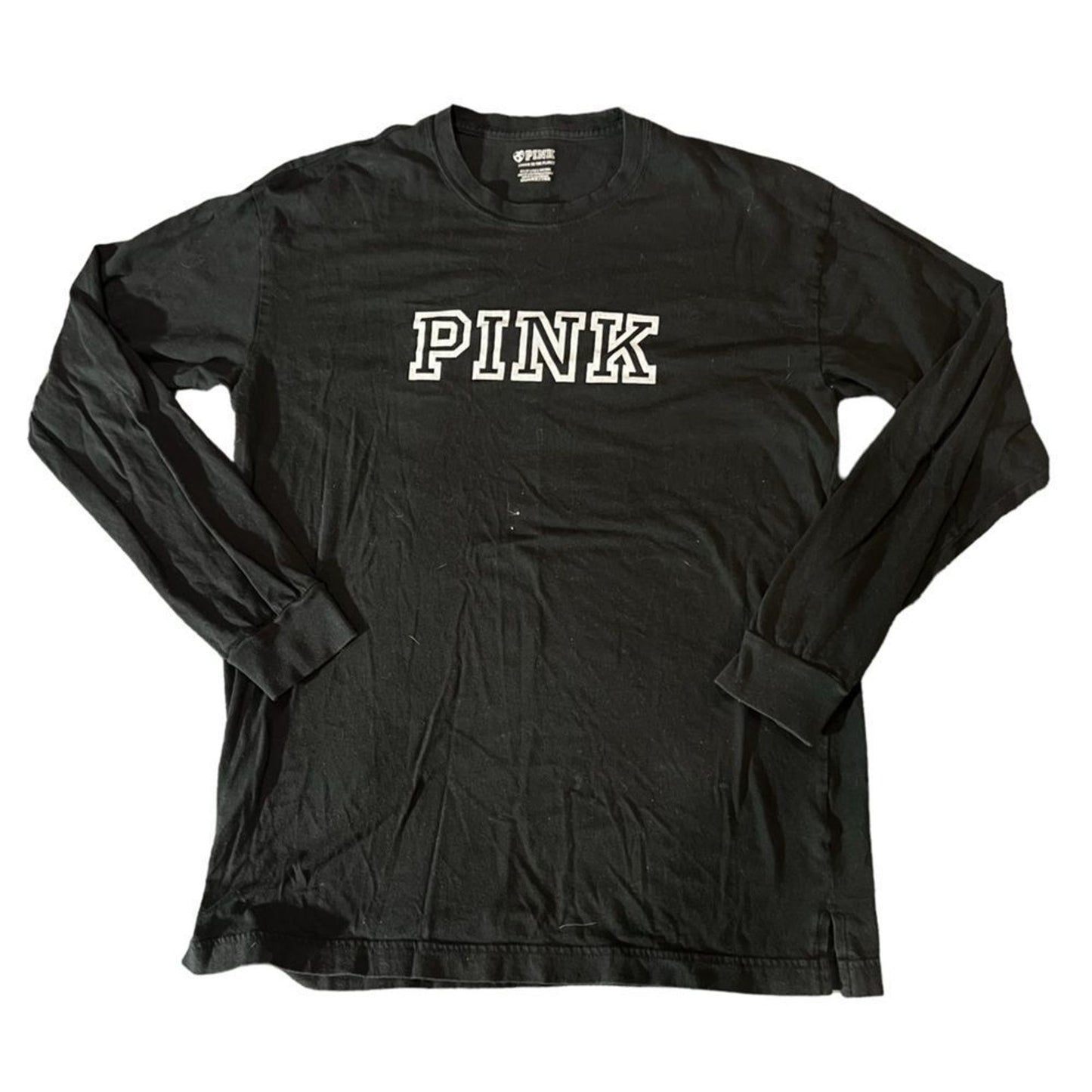 Victoria's Secret PINK Campus Tee Womens XS Black Logo Graphic Long Sleeve