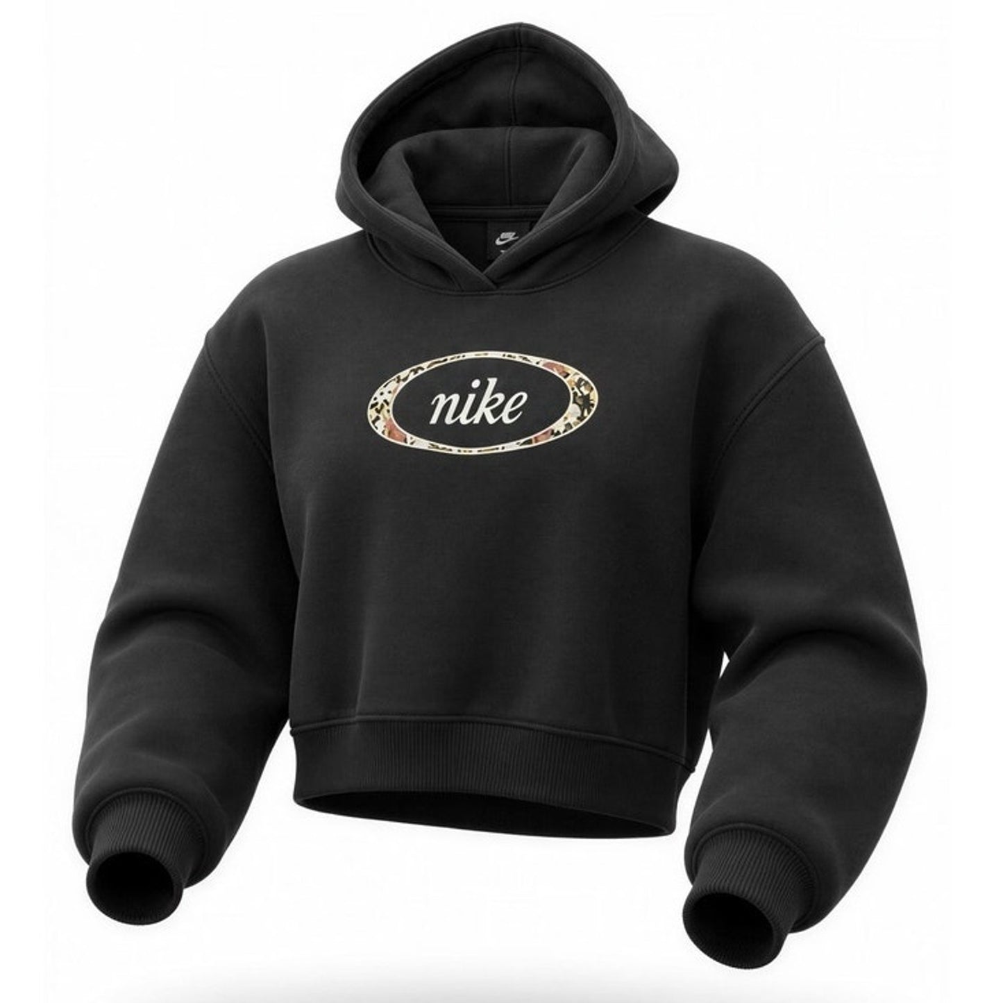 Nike Womens Cropped Pullover Hoodie Black Oval Script Logo Size XS