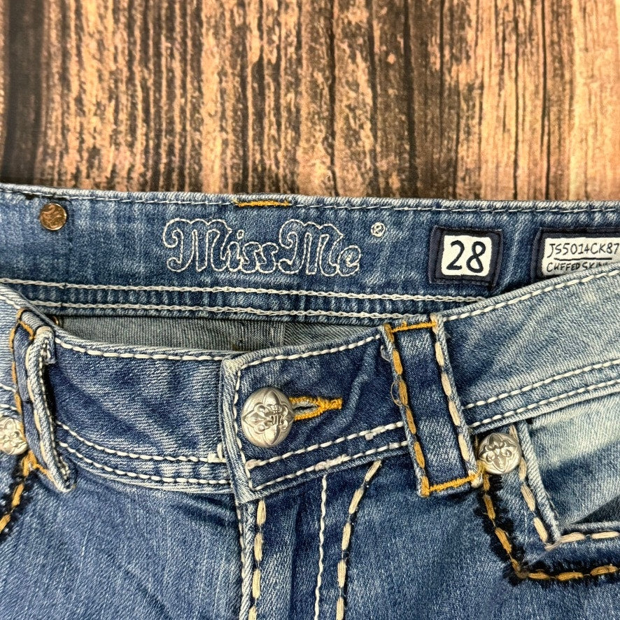 Miss Me Women's Distressed Skinny Jeans Blue Size 28 Embroidered Pockets