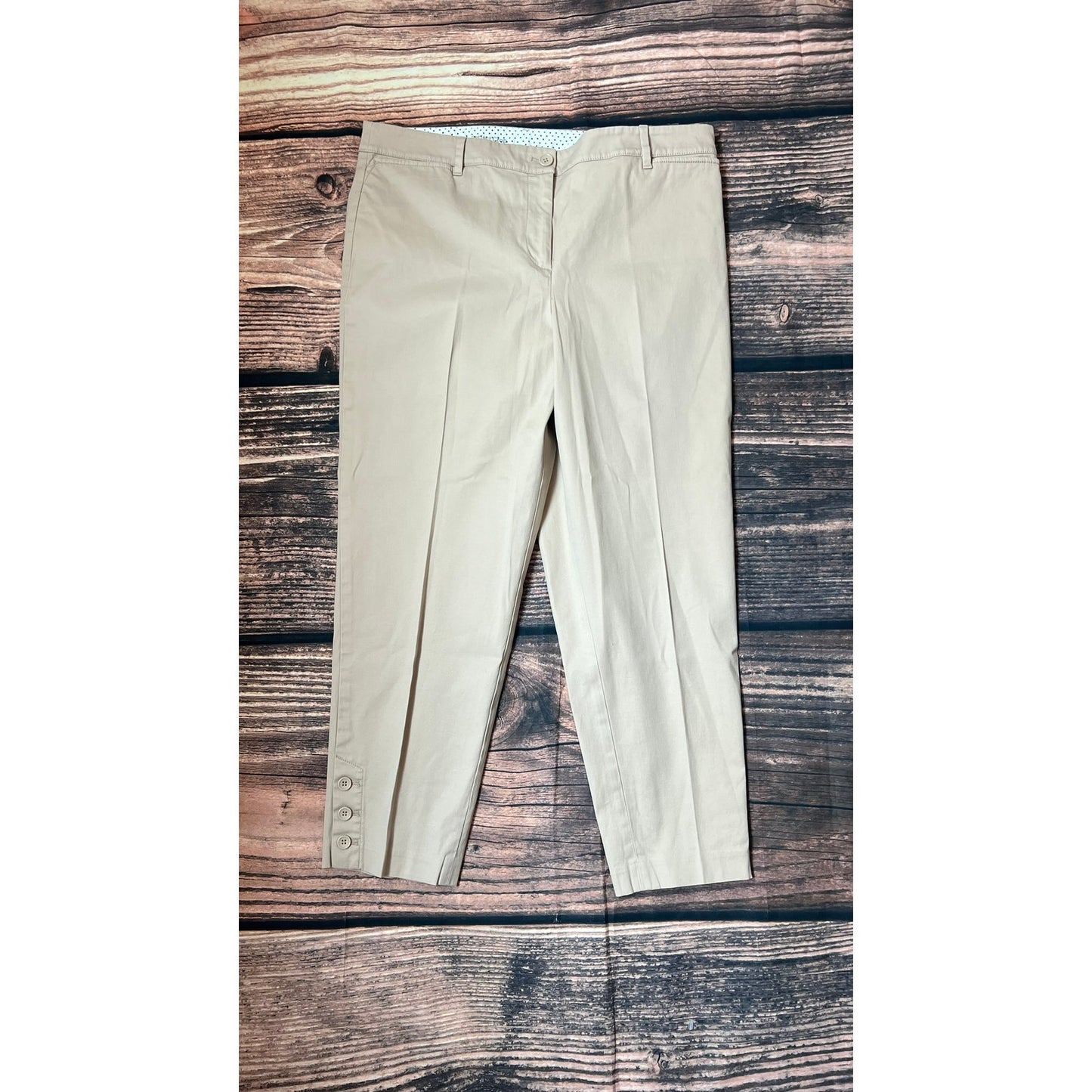 Talbots Women's Khaki Perfect Crop Casual Button Cuff Detail Pants Size 12