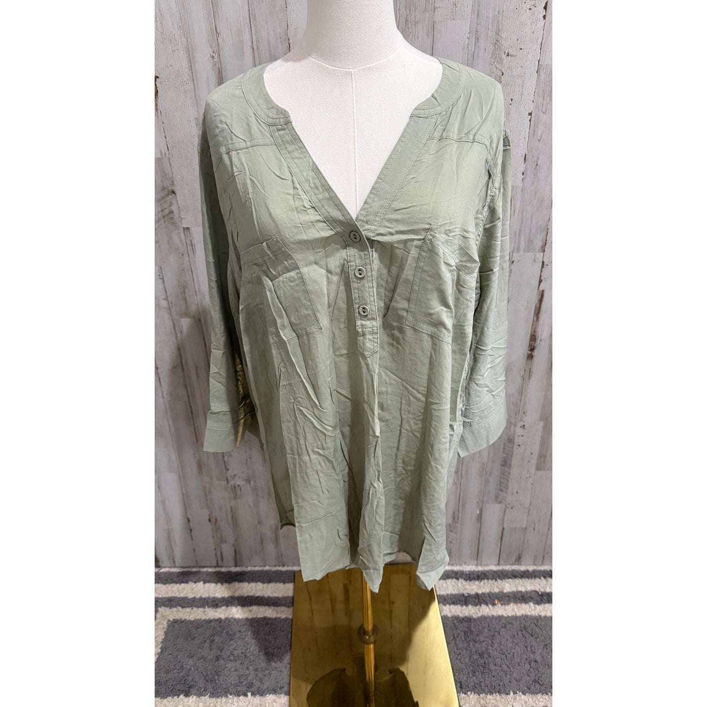 NWT Philosophy Woman Blouse Womens 2X Sage Green Tunic V-Neck Roll Tab Sleeves