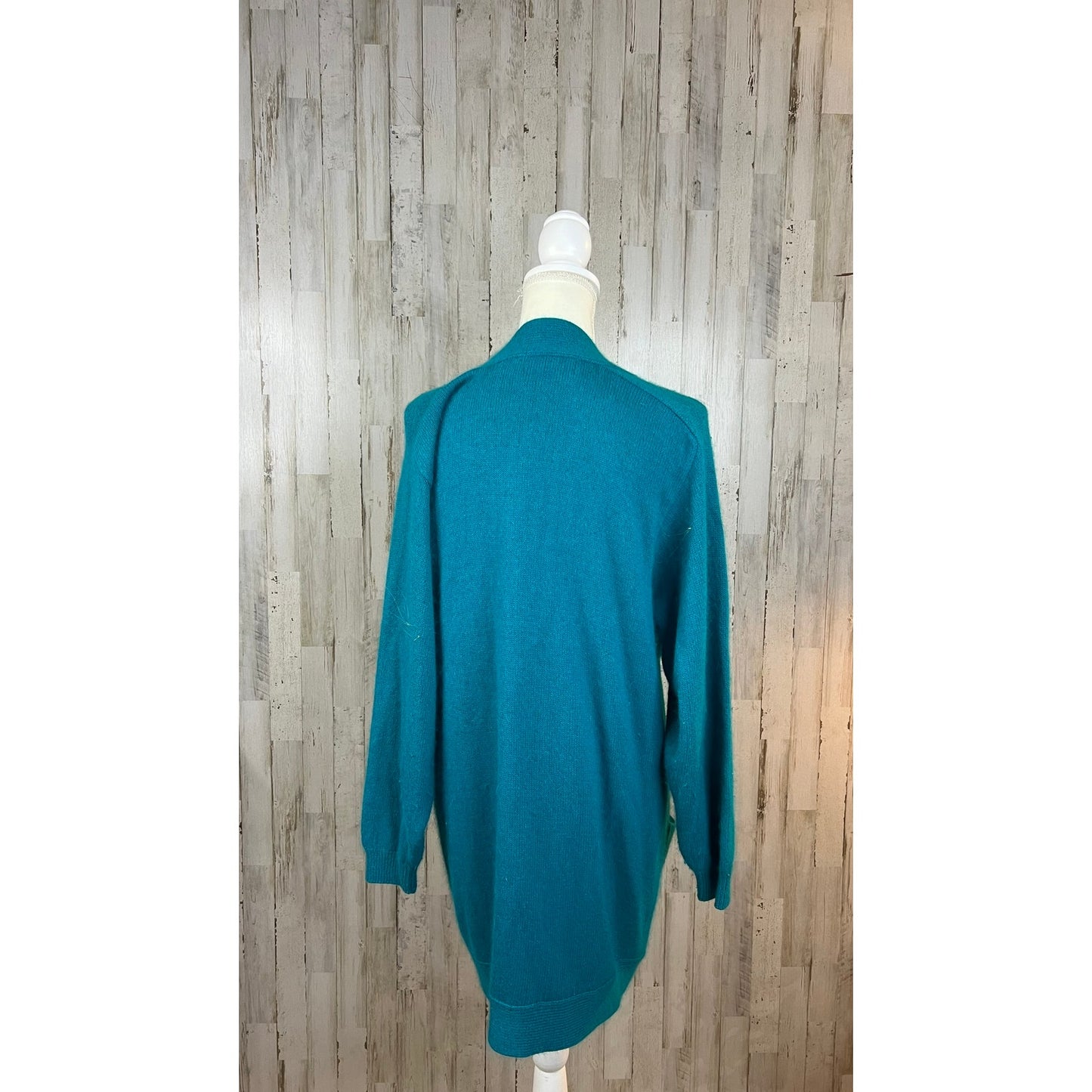 Vintage That's Me! Women's Small Silk Teal Open Front Long Knit Cardigan Sweater