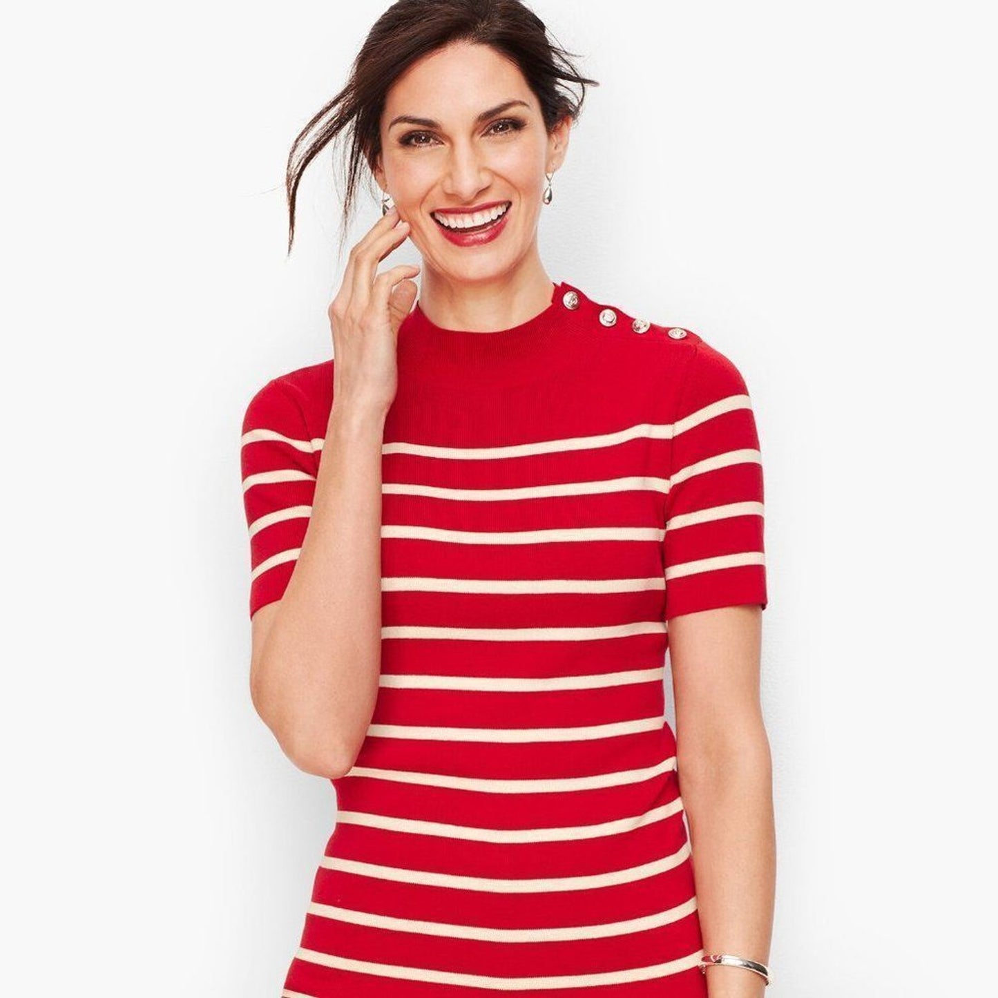 Talbots Sweater Womens Petite Large Red White Striped Mock Neck Short Sleeve