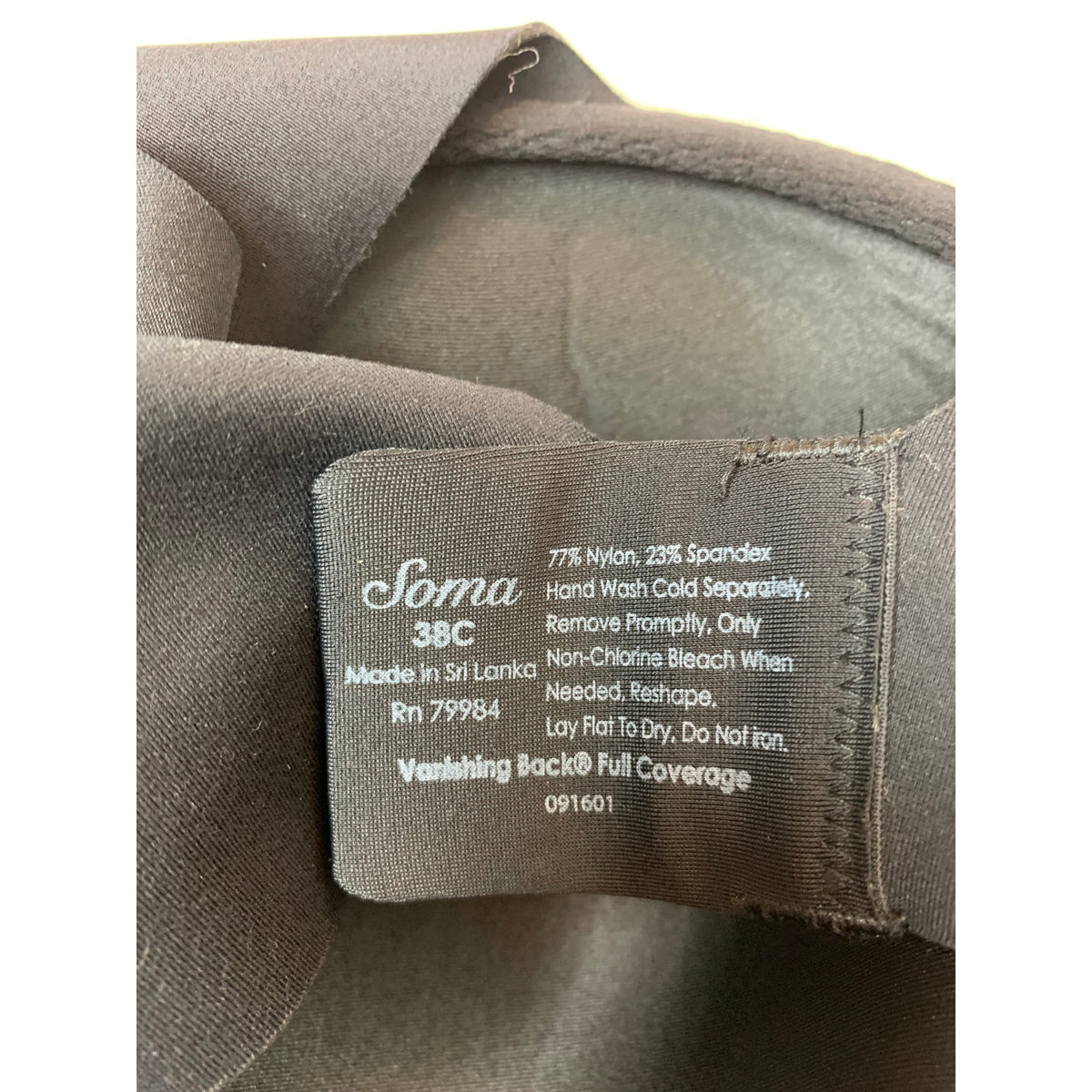 Soma Vanishing Back T-Shirt Bra Womens 38C Black Underwire Full Coverage