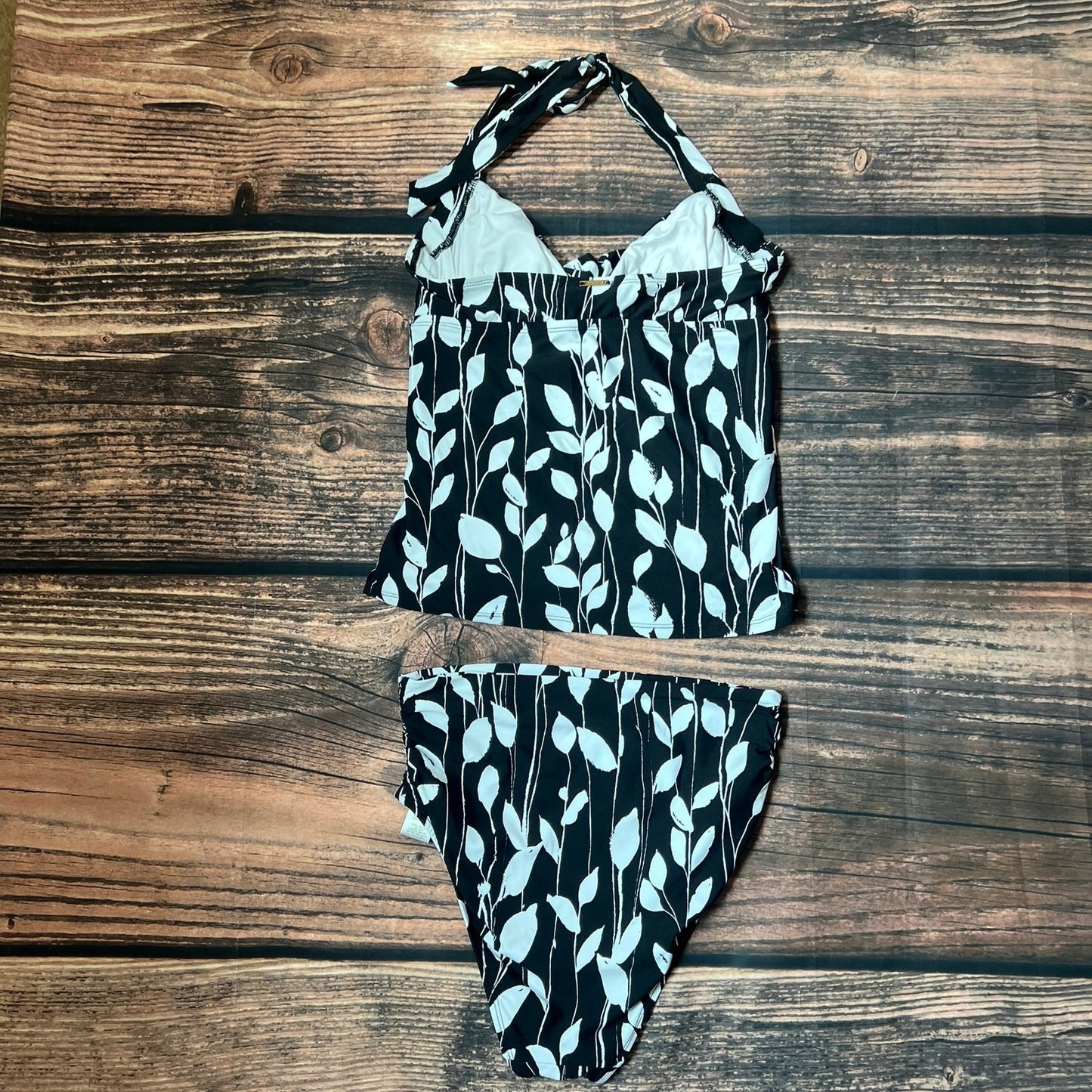 Anne Cole Women's Medium/36B/C Halter Tankini  Black Leaf Print 2-Piece Swimsuit