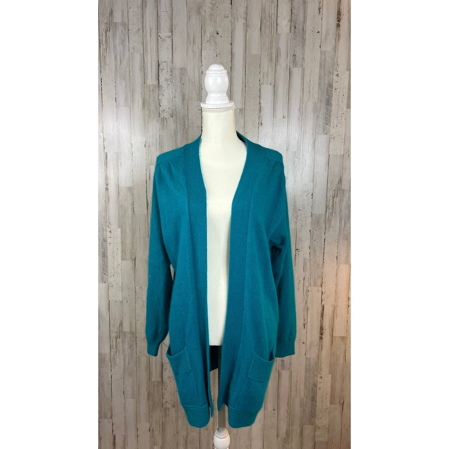 Vintage That's Me! Women's Small Silk Teal Open Front Long Knit Cardigan Sweater