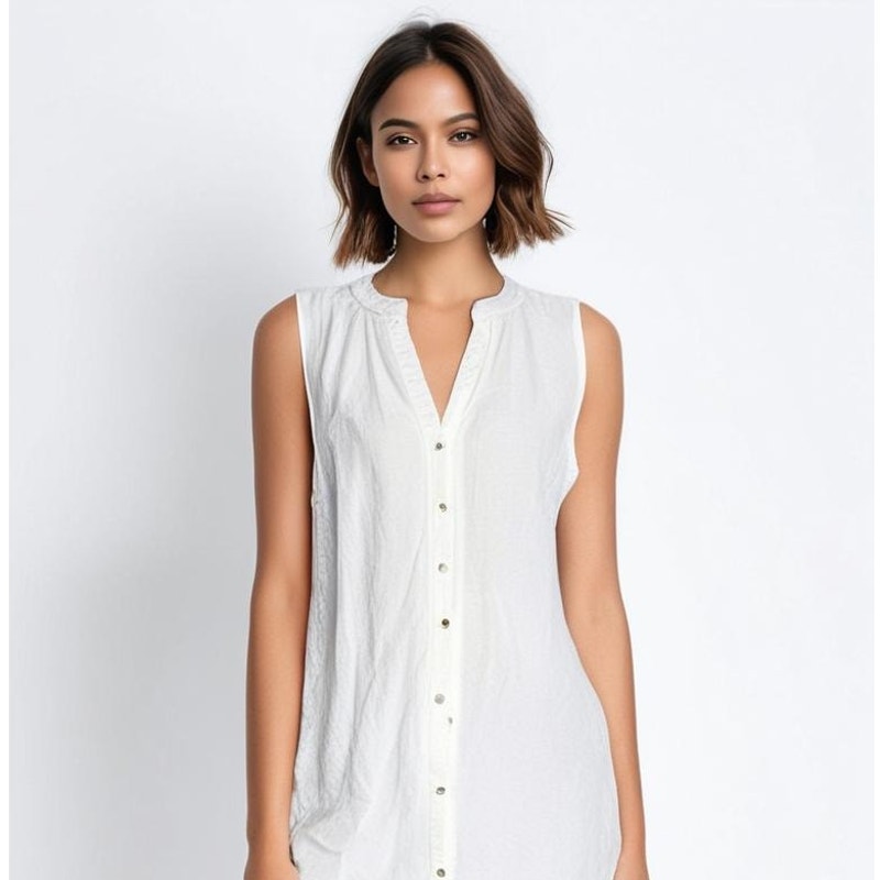 Eileen Fisher Women's Small White Sleeveless Linen Button Front Shirt Dress